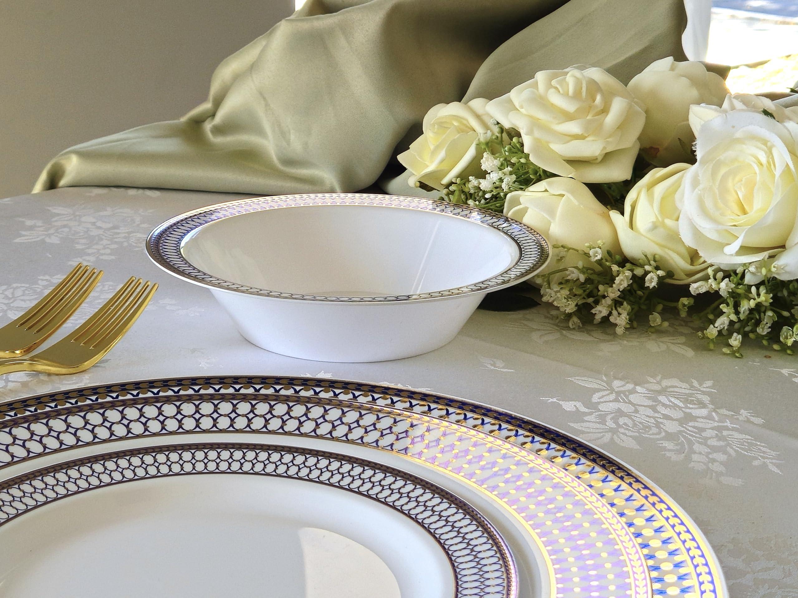 OCCASIONS FINEST PLASTIC TABLEWARE " OCCASIONS " 60 Plates Pack, Heavyweight Disposable Wedding Party Plastic Plates (7.5'' Appetizer/Dessert Plate, Odyssey in White/Blue & Gold)