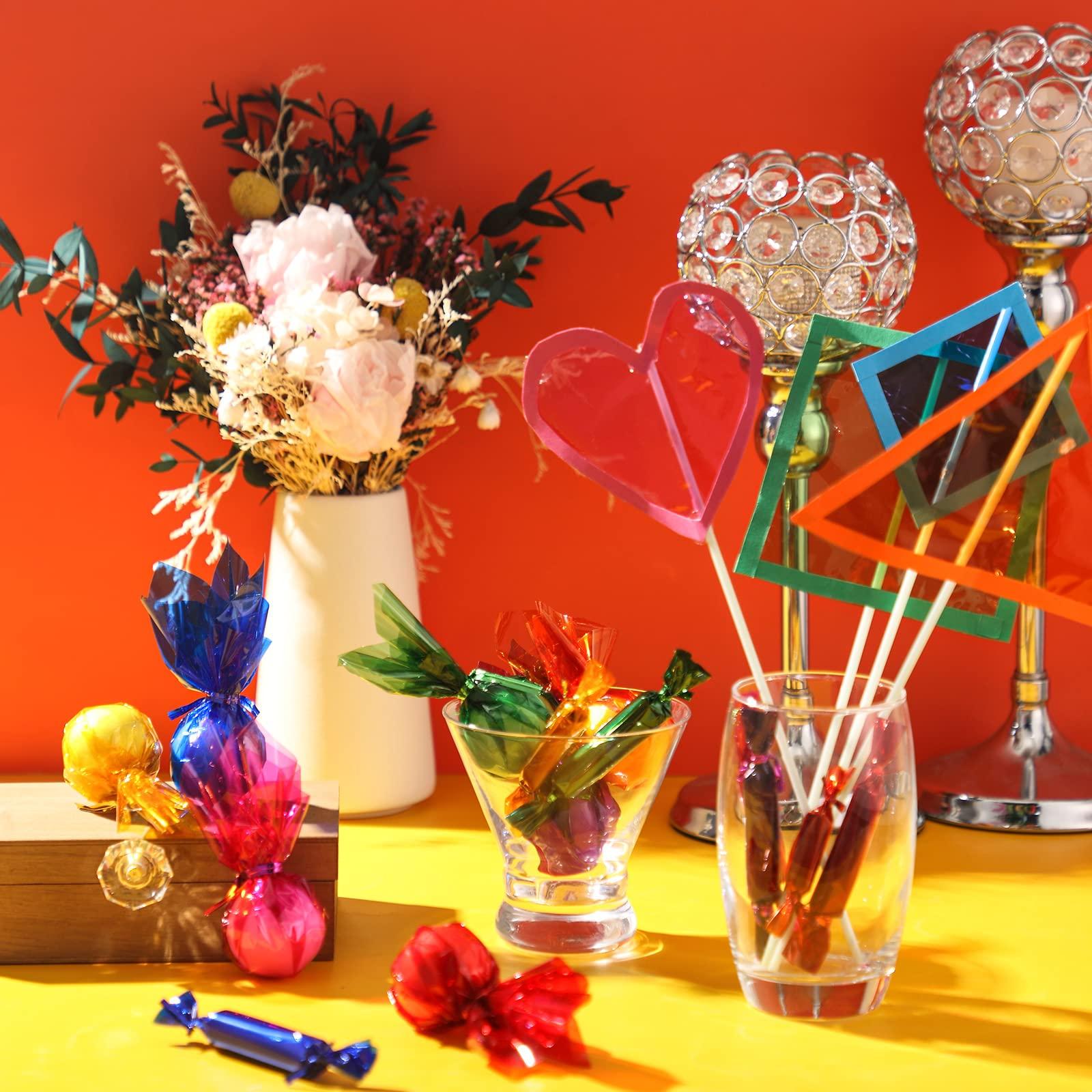 Tallew 40 Pcs 14 x 14 Inch Colored Cellophane Paper Cello Sheets Wraps Multi-Colored Cellophane Transparent Gift Wrap with 120 Pcs Metallic Twist Ties, for DIY Arts Crafts Gifts Treats Candy Wrapping