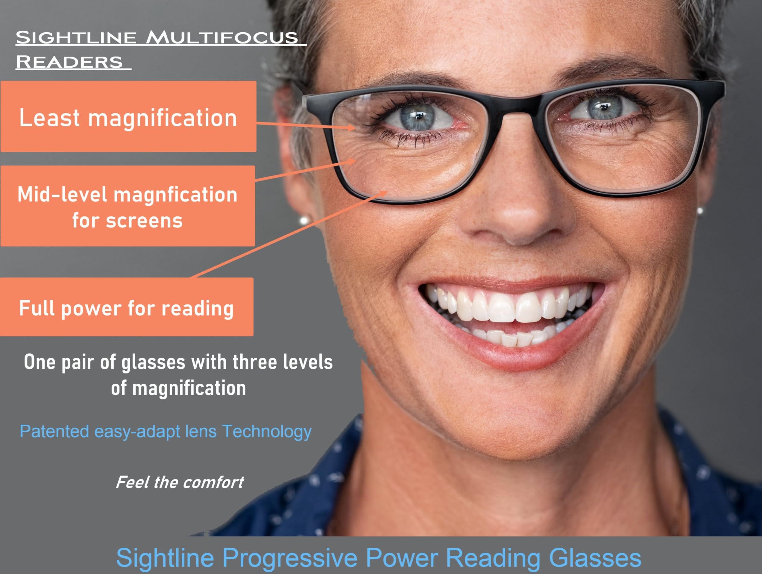 Sightline Sightline Multifocus Progressive Power Readers for Men and Women Glasses Medium Fit Black with Brown 3.00