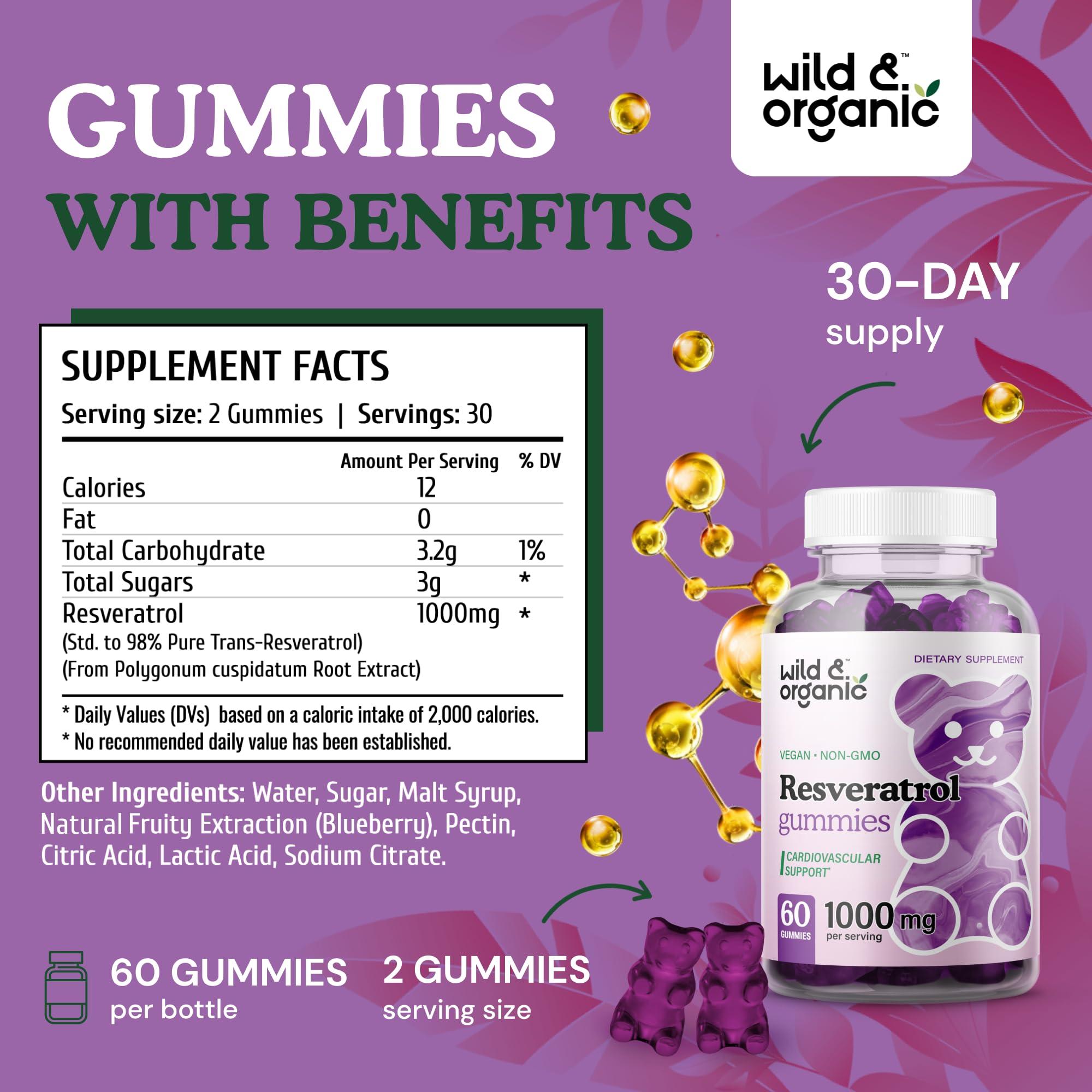 Wild & Organic Wild & Organic Resveratrol Gummies 1000mg - Trans Resveratrol Supplement for Antioxidant, Brain, Immune Support - 60 Vegan, Non-GMO Antioxidant Gummies