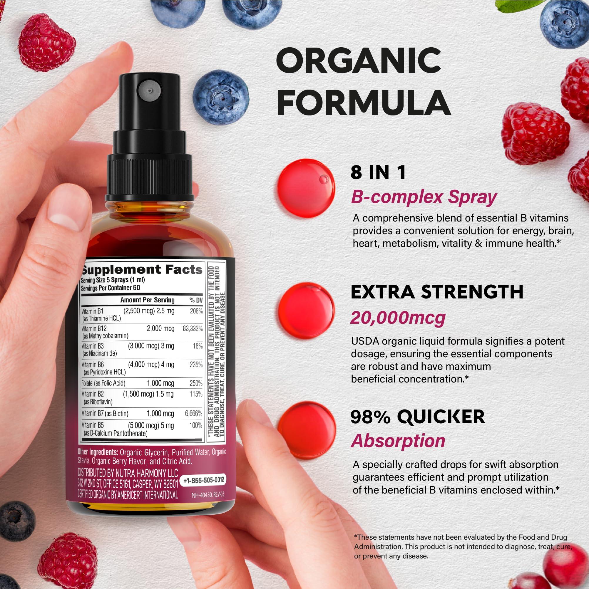 NUTRAHARMONY USDA Organic Vitamin B-Complex Liquid Spray 8-in-1 - B5 Pantothenic Acid | B12 Methylcobalamin | B1 Thiamine | B6 Pyridoxine | B7 Biotin | B9 Folic | B3 Niacinamide - Made in USA Supplement, 2fl oz