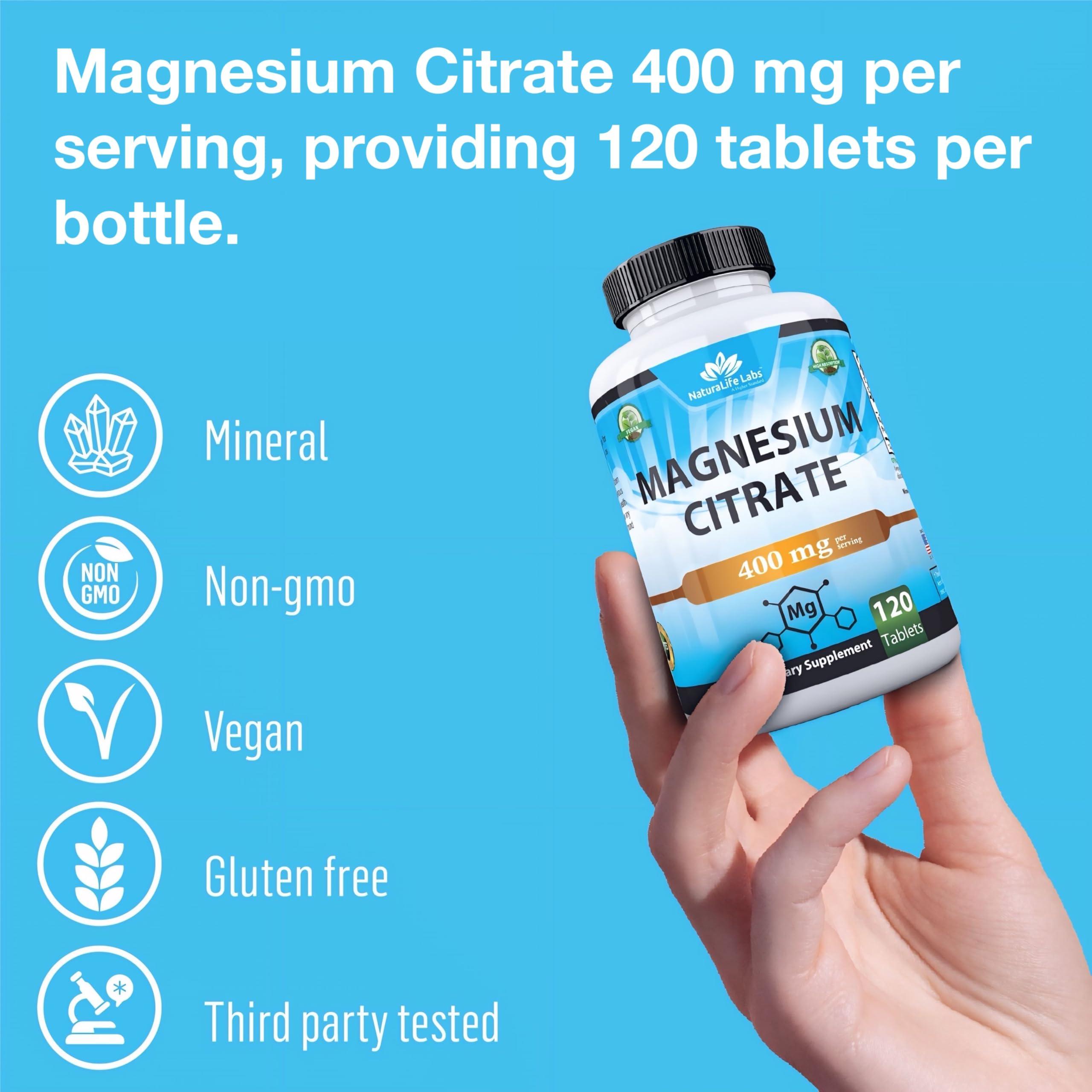 NaturaLife Labs Magnesium Citrate 400 mg - High Potency Elemental Magnesium Essential Mineral for Heart, Muscle, & Digestion Support Non-GMO - 120 Tablets
