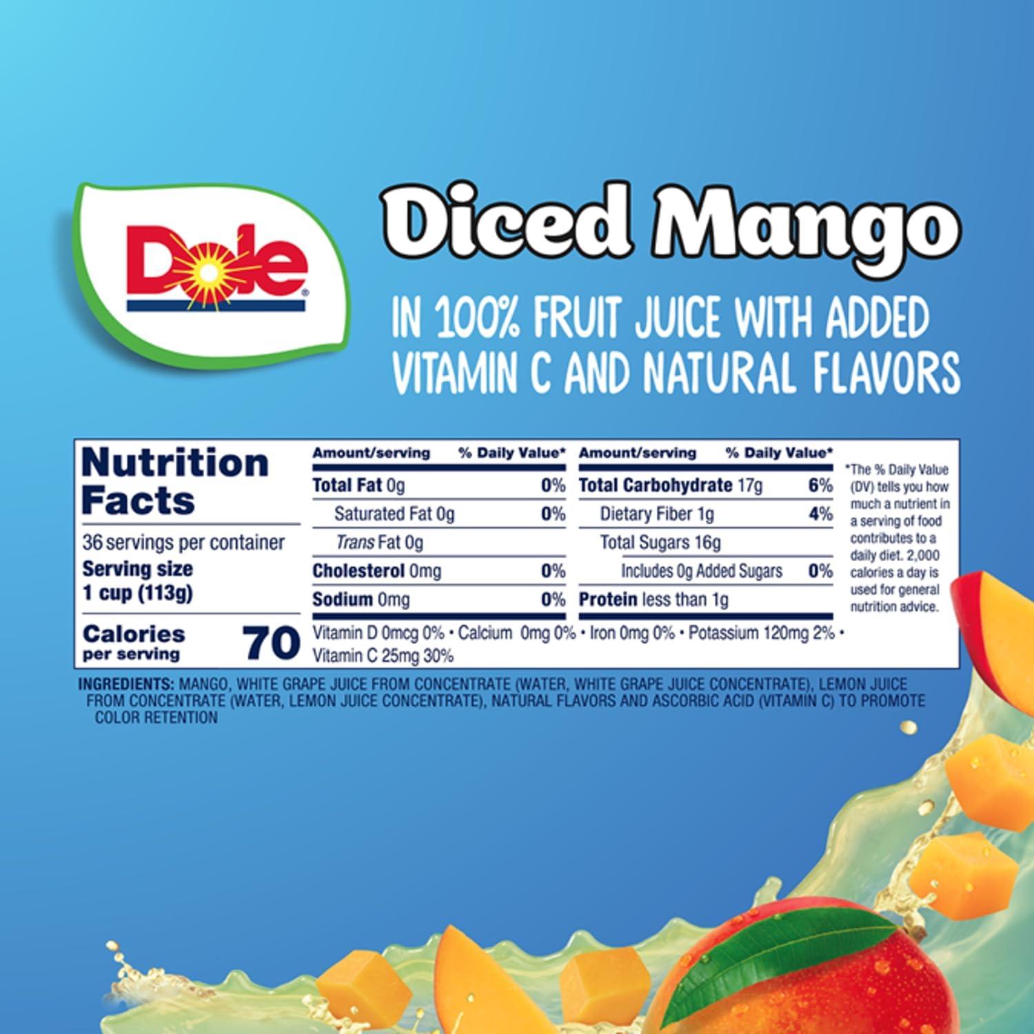 Dole Dole Fruit Bowls Diced Mango in 100% Juice Snacks, 4oz 36 Total Cups, Gluten & Dairy Free, Bulk Lunch Snacks for Kids & Adults