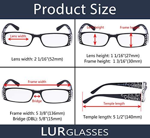 LUR READING GLASSES 4 pack Sparkly Laser Floral Pattern Readers with Crystals for Women Reading (Black, 1.00)