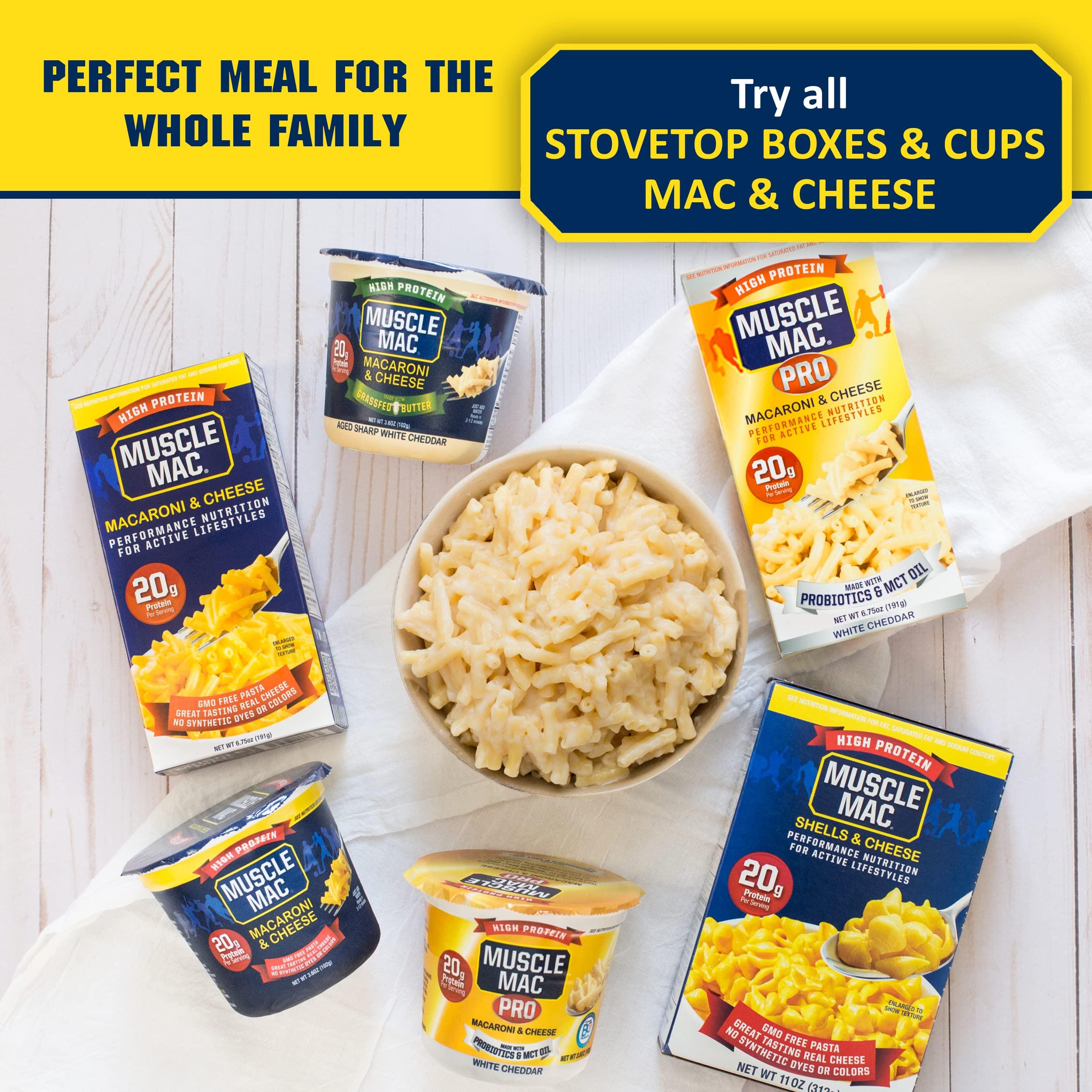 MUSCLE MAC Muscle Mac High Protein Macaroni & Cheese 6.75 oz. 10 Pack + Macaroni & Cheese GrassFed Cows Butter3.6 oz. 12 Pack