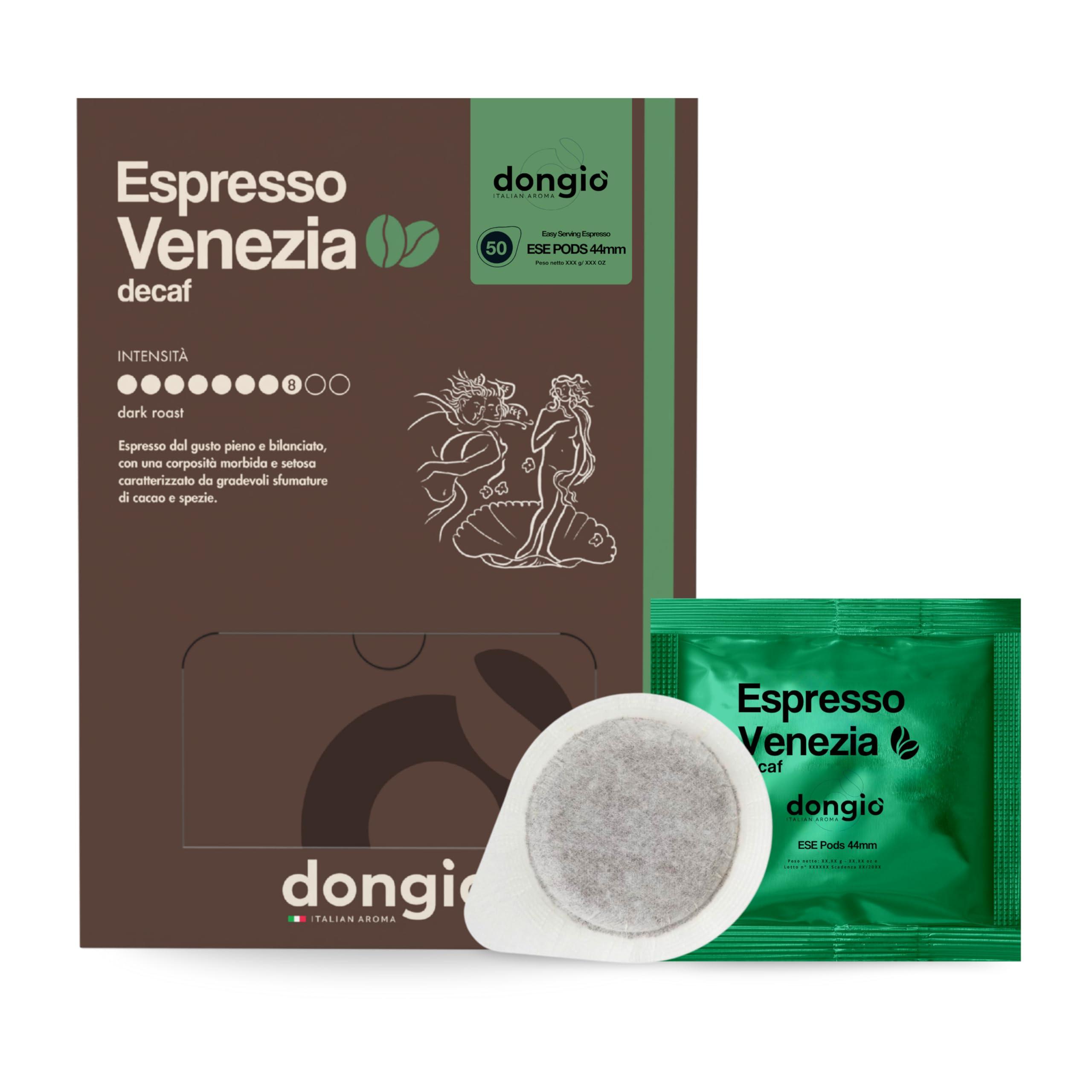 DONGIO CAFFE Dongi Caff Espresso Venezia (decaffeinated), ESE 44mm Pods, Blended and Roasted in Italy 50 Single-Serve Coffee Pods, Med-Dark Roast (Intensity 8/10)