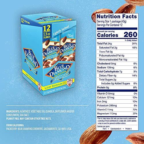 Blue Diamond Almonds Blue Diamond Almonds, Low Sodium, Lightly Salted Flavored Snack Nuts, Single Serve Bags (1.5 Oz. Tubes, Pack of 12)