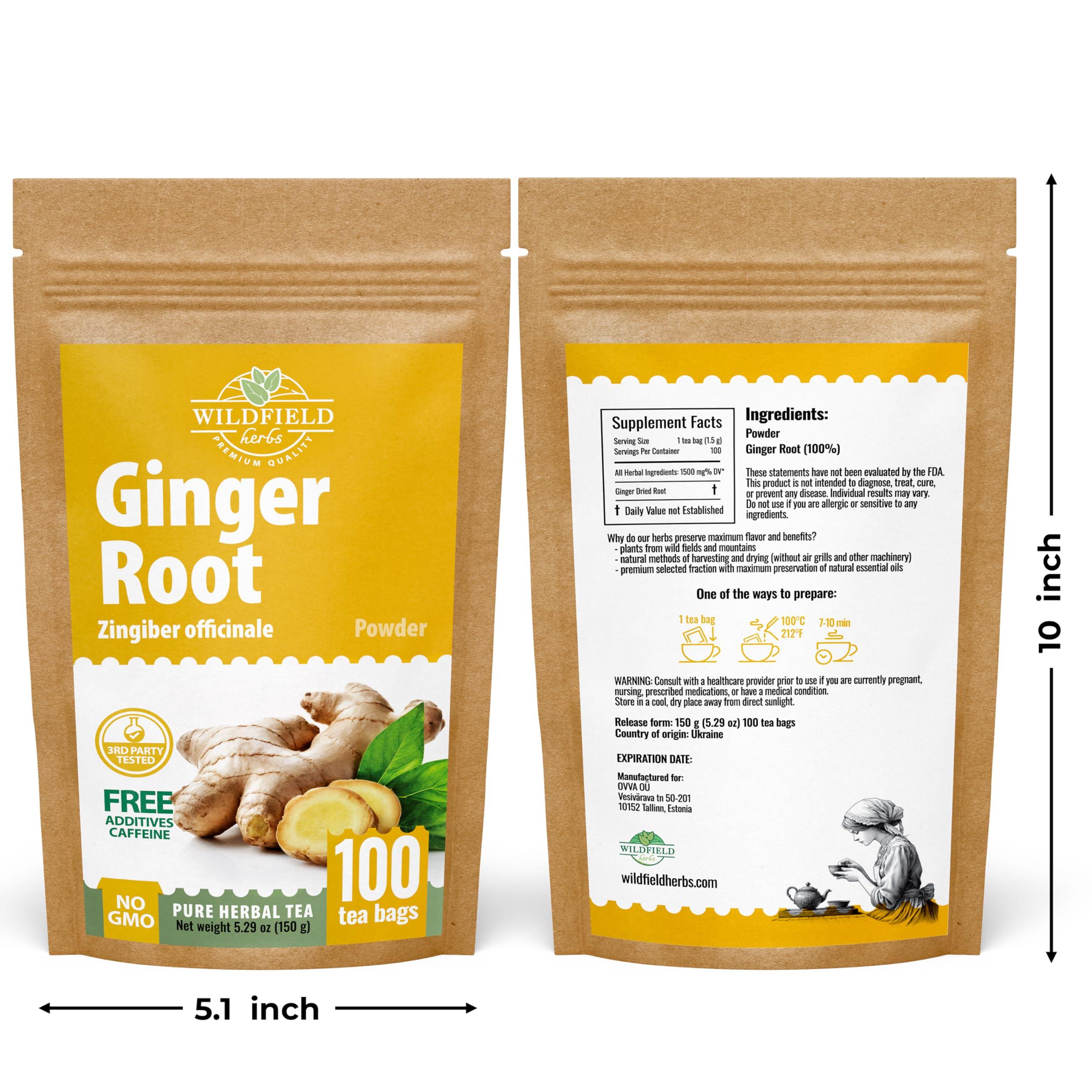 WILDFIELD HERBS 100 Ginger Tea Bags Ginger Root Tea Dry Dried Herb (Zingiber officinale) - 100 Count 1.5g Tea Bags Ginger Raz de jengibre
