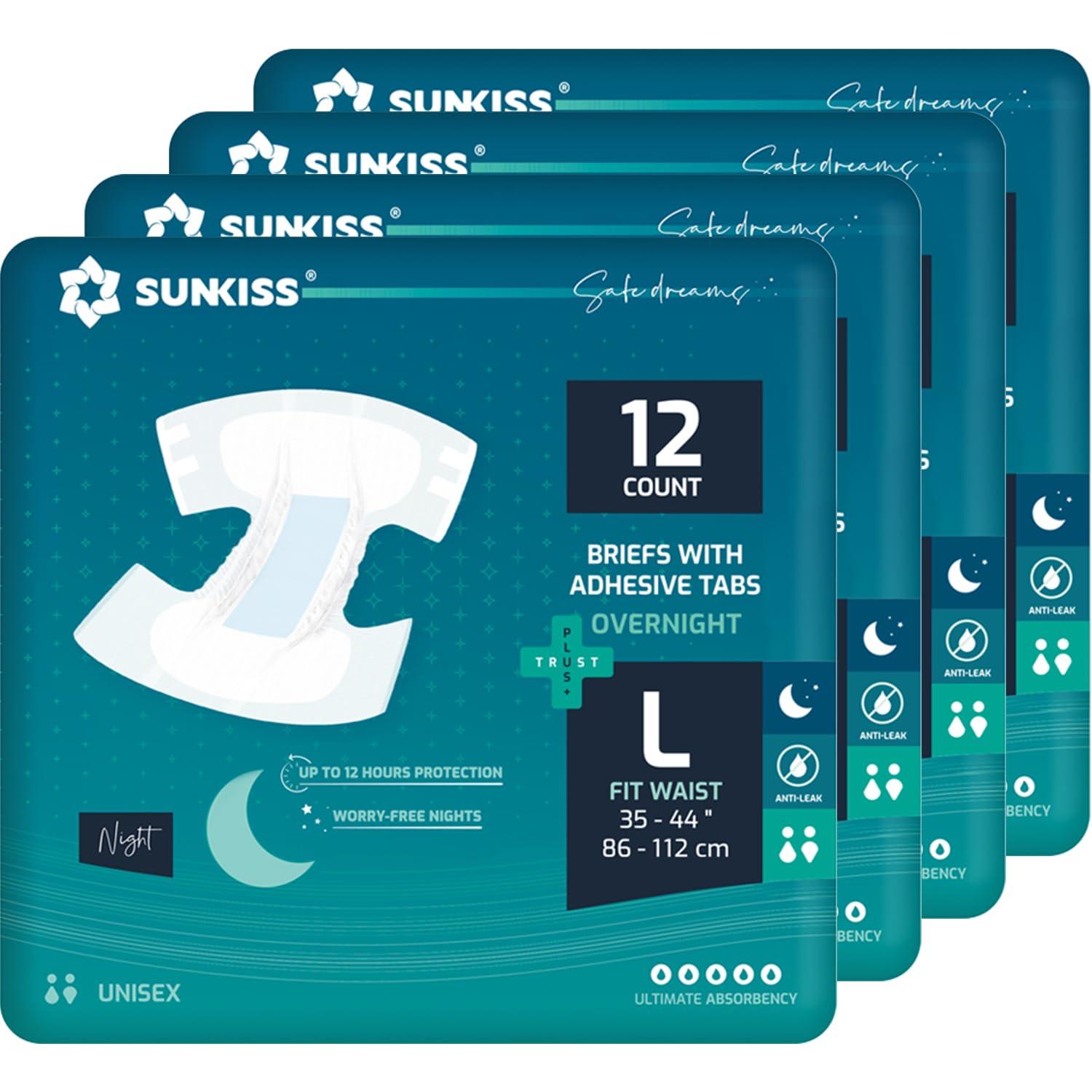 SUNKISS SUNKISS TrustPlus Overnight Adult Diapers with Tabs, Unisex Disposable Incontinence Briefs for Men and Women, Odor Control, Large, 48 Count (4 Packs of 12)