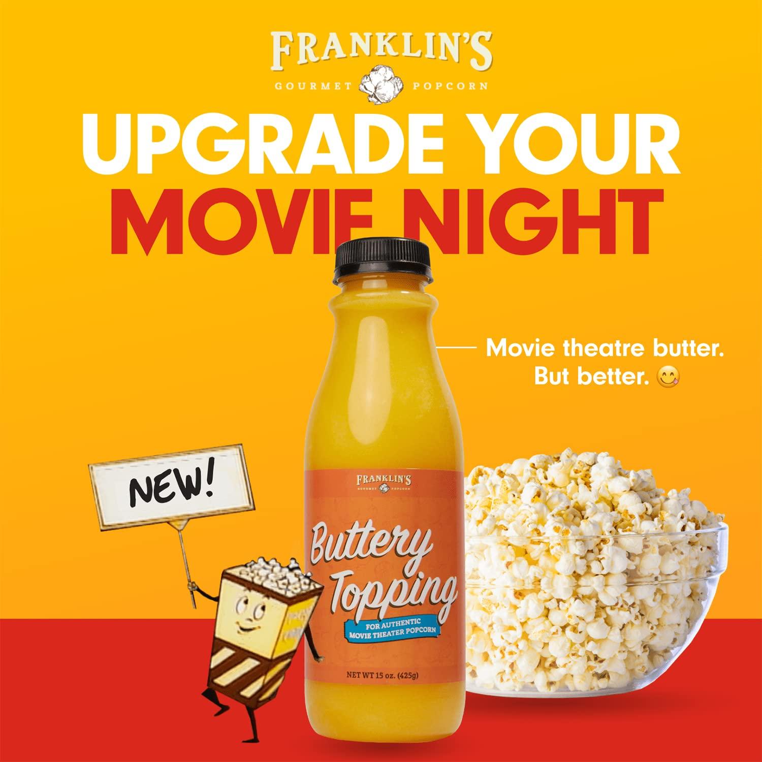 Franklin's Gourmet Popcorn Franklin's Gourmet Popcorn Buttery Popcorn Topping - Kosher, Gluten Free, Vegan & Zero Trans Fat Popcorn Butter Topping - Popcorn Flavoring for Authentic Movie Theater Taste - 15 oz.