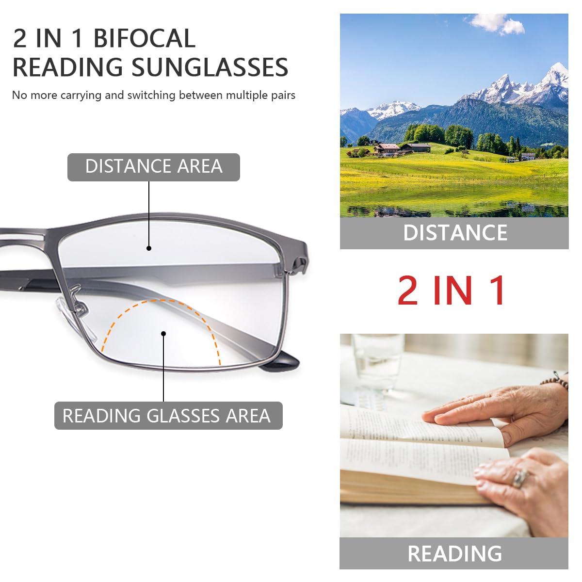 Vepiant Vepiant Photochromic Bifocal Reading Glasses Men Women Transition Sunglasses UV400 Protection Sun Readers Far and Near Dual-Use Blue Light Blocking Eyeglasses Full Rim Metal Frame Presbyopia Eyewear