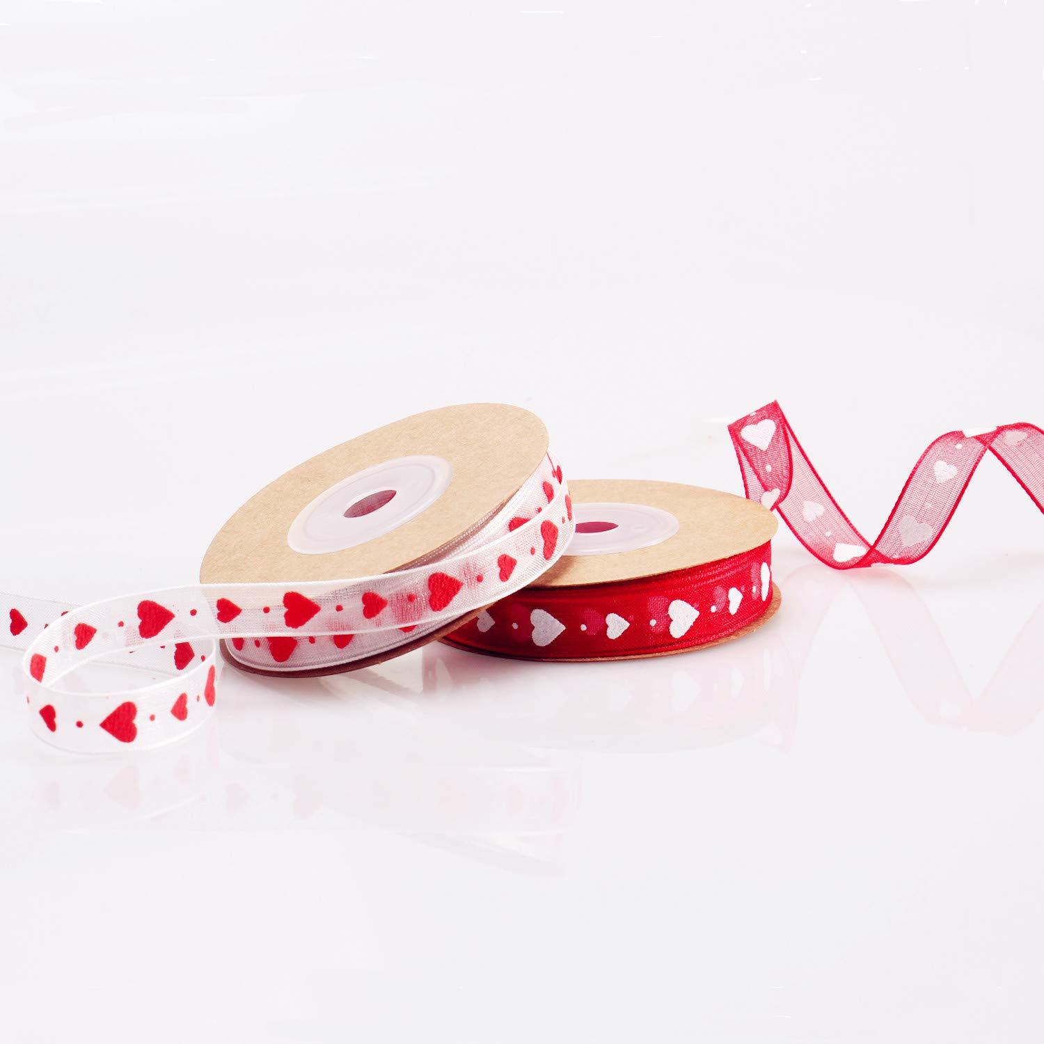 Mayam Mayam Valentine\'s Day Ribbons Heart Ribbons Craft Ribbons for ValentineWedding Craft, 2 Rolls (red and White)