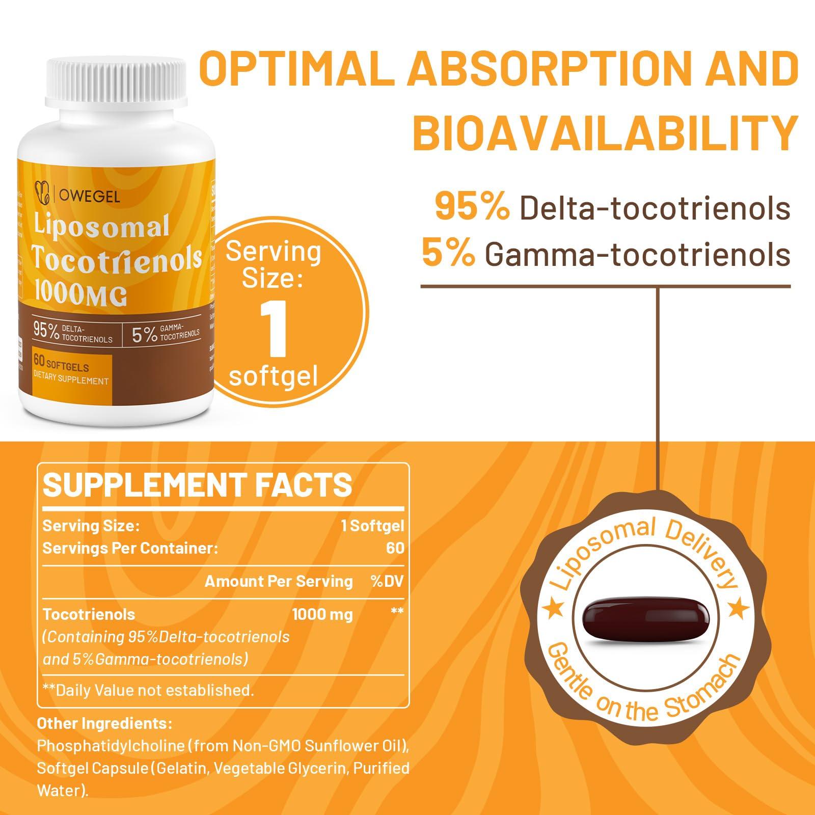 owegel Liposomal Tocotrienols 1000mg - High Bioavailability Vitamin E Tocotrienols Supplements,95% Delta & 5% Gamma Tocotrienol Capsules Support Cardiovascular,Skin,Bone,Antioxidant,300 Softgels