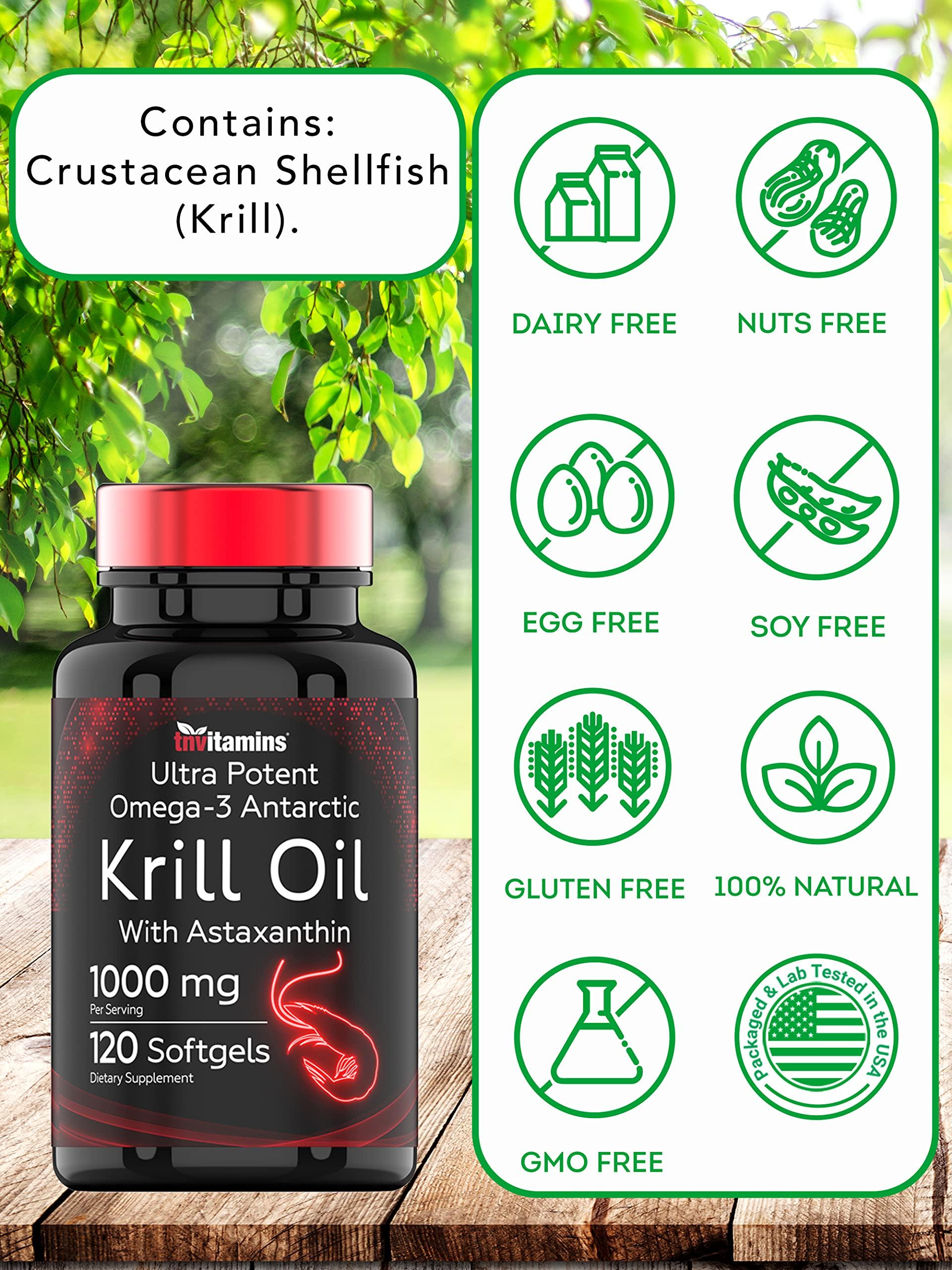 tnvitamins Antarctic Krill Oil 1000mg x 120 Softgels with Astaxanthin | 1000mg Red Krill Oil, 200 mg Phospholipids, 120 mg EPA, 80 mg DHA, 200 mcg Astaxanthin | Potent & Pure Omega-3 Cold Water Antarctic Krill