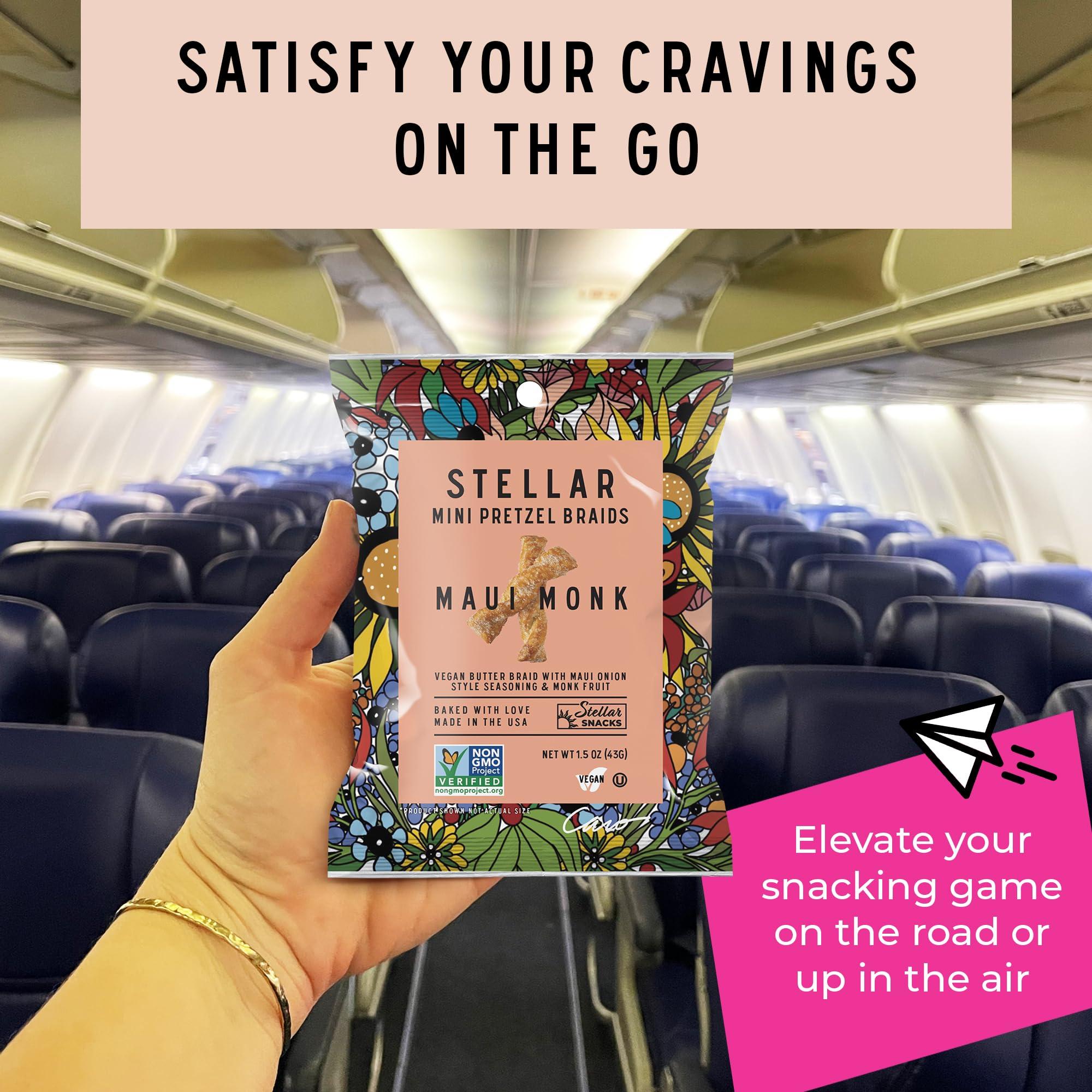 STELLAR SNACKS Stellar Pretzel Braids Maui Monk Mini 24 Snack Packs (1.5 oz each) Maui Onion and Monk Fruit Flavor, Stellar Snacks, Vegan Kosher Peanut-Free Non-GMO, Individual Bags, Pretzel Twists - Made in the USA