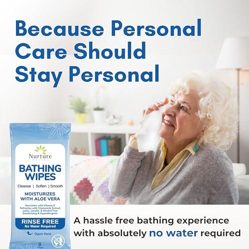 Nurture Valley Nurture Rinse Free Bathing Wipes for Adults w/Aloe | Waterless Cleansing for sensitive skin | Disposable Adult Body Bath Wet Wipe for Disabled Bedridden | 64 wipes