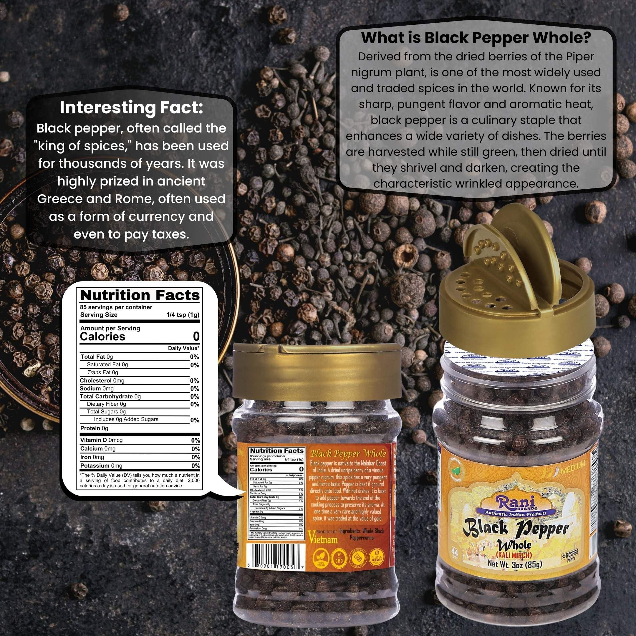 Rani Brand Authentic Indian Products Rani Black Pepper Whole (Peppercorns), Premium MG-1 Grade 3oz (85g) PET Jar ~ All Natural | Gluten Friendly | Non-GMO | Kosher | Product of Vietnam | Perfect size for Grinders!