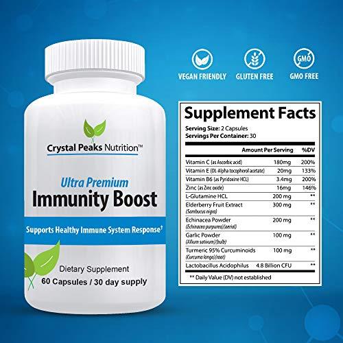 CRYSTAL PEAKS NUTRITION Immune Support Capsules with Elderberry, Vitamin C, Echinacea, Garlic, Zinc, Turmeric, and More for Adult Men and Women - Easy-to-Swallow Immune Support Vitamins - 60 Vegan Capsules (30 Day Supply)