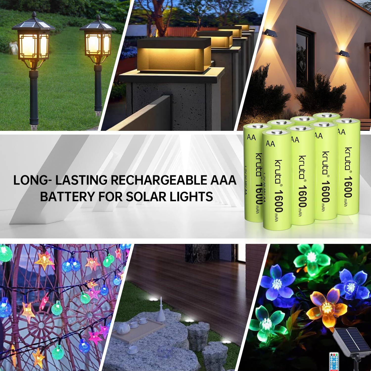 Kruta Kruta Ni-MH AA Rechargeable Batteries, Double A 1600mAh High Capacity 1.2V Pre-Charged for Garden Landscaping Outdoor Solar Lights, String Lights, Pathway Lights (AA-1600mAh-8 Pack)