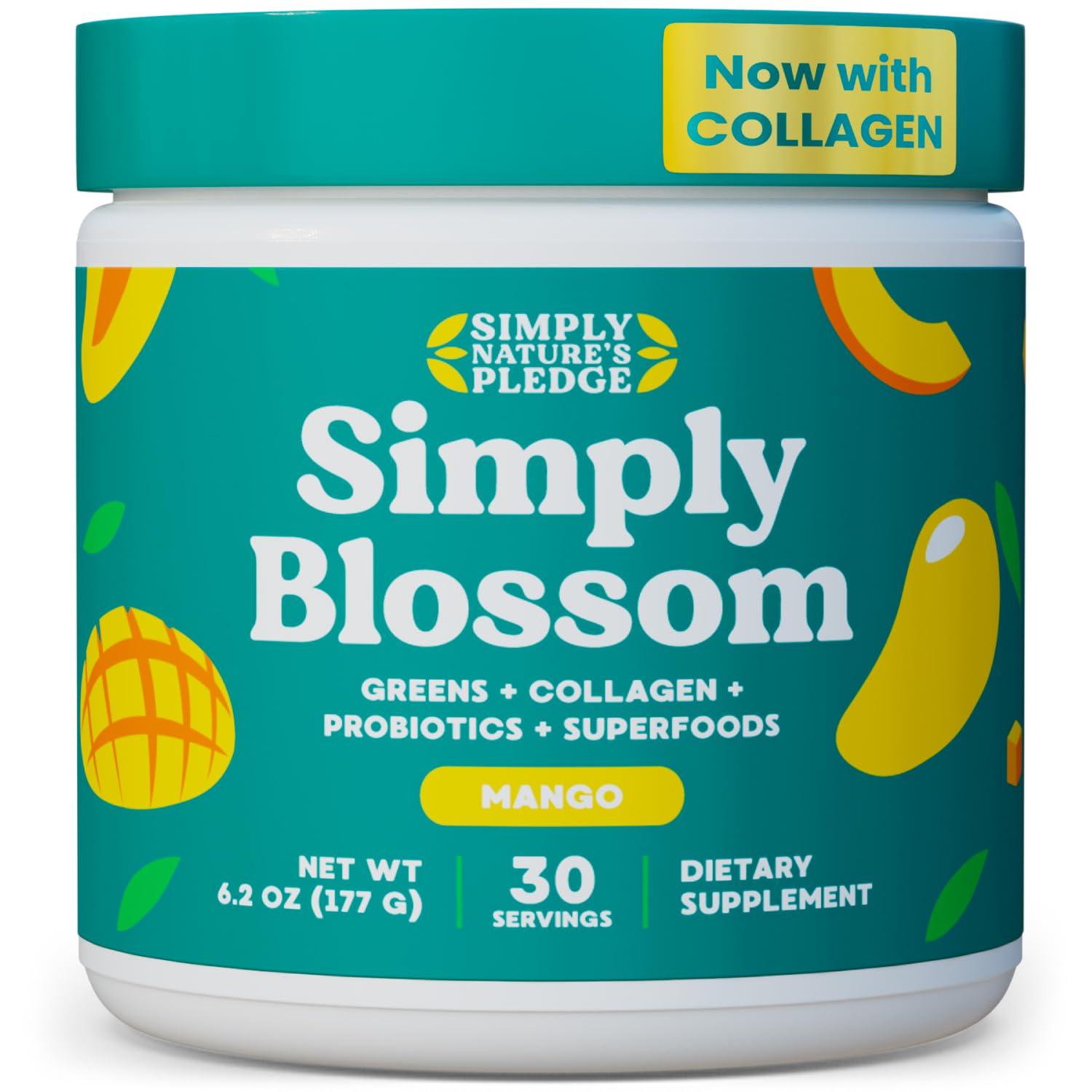 Simply Nature's Promise Simply Blossom Nutrition Daily Greens & Superfood Powder + Collagen + Probiotics for Women's Digestive Health & Bloating Relief. Help Your Health Bloom - 30 Day Supply - Mango
