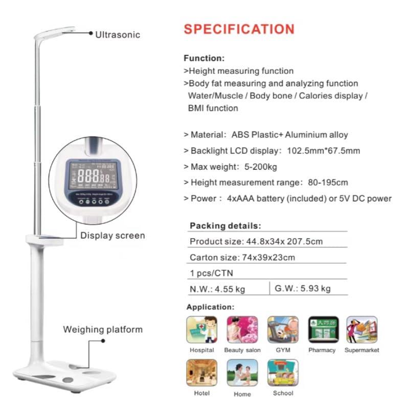 Sufeasdf Height Scale, Ultrasonic Measurement, Body Fat Analyzer, Backlit LCD, Telescopic Design, Rust Resistant, Voice Output, Automatic Weighing, BMI Display, Durable ABS, Precision Measurement
