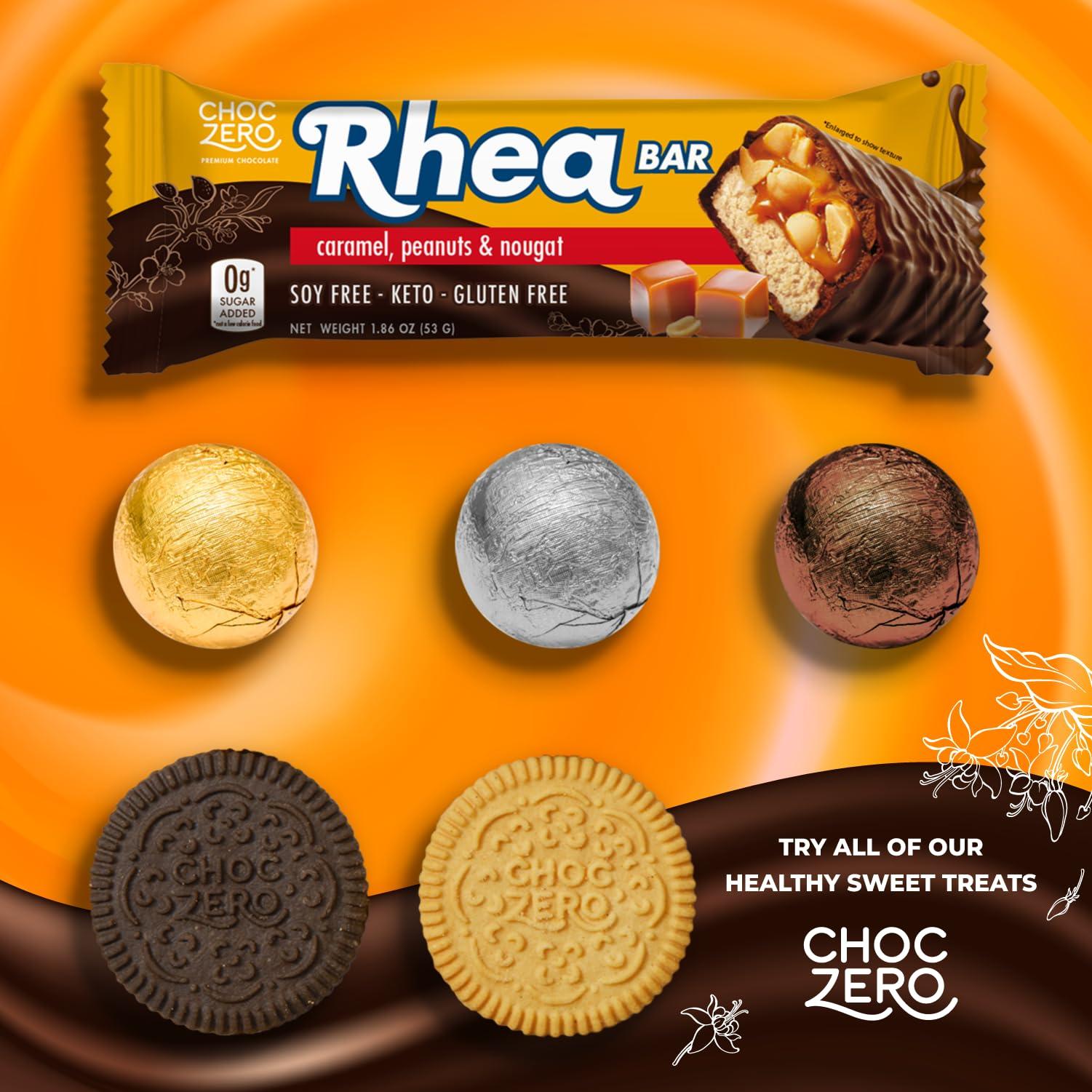 ChocZero ChocZero Milk Chocolate Peanut & Caramel Nougat Candy Bar, Zero Sugar Added, High Fiber, Sharing Size Rhea Bars (15 per Box)