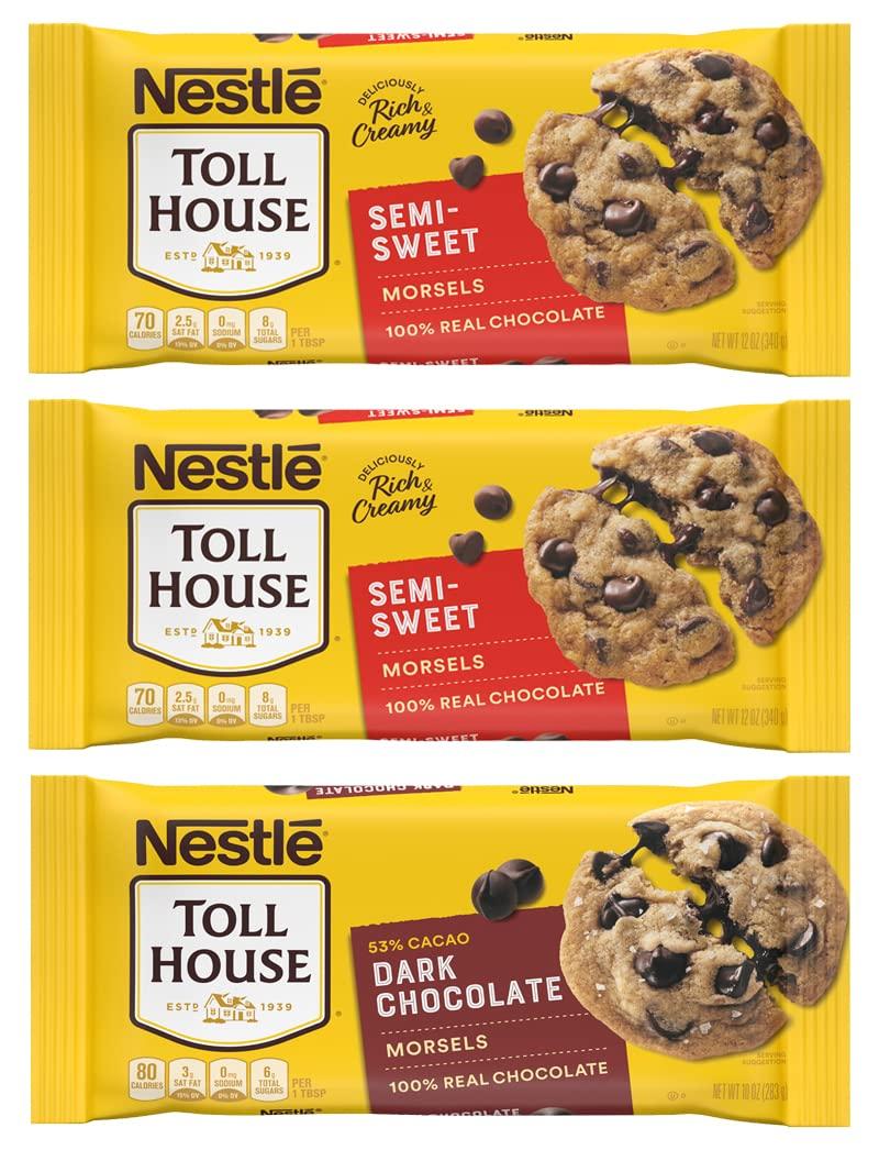 Nestle Nestlé Toll House Chocolate Chips, Pack of 3 – Includes Two, 12 oz. Bags of Semi-Sweet Chocolate Chips and One, 10 oz. Bag of Dark Chocolate Chips