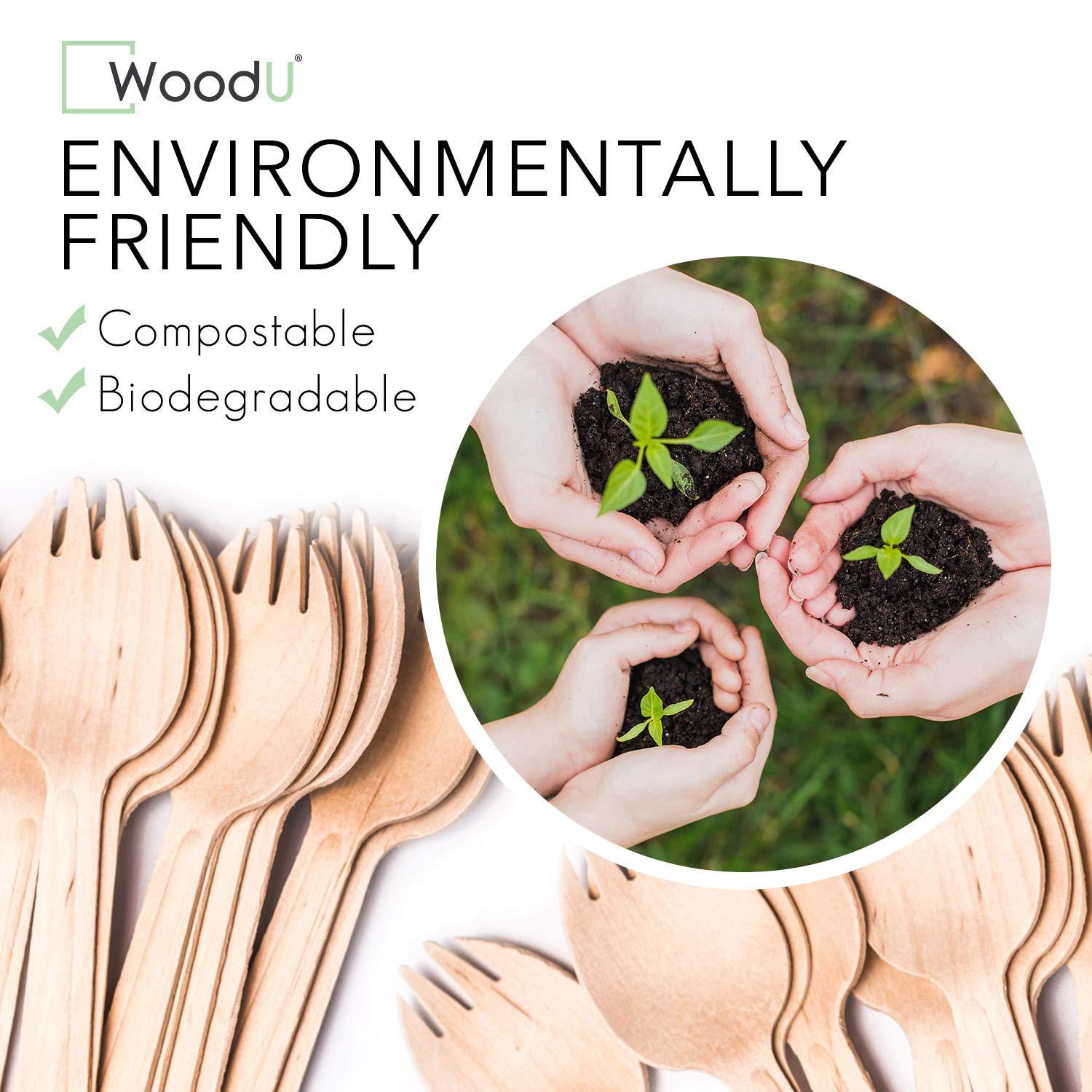 WoodU Disposable Wooden Spork by WoodU | 100% All-Natural, Eco-Friendly, Biodegradable, and compostable Spork - Pack of 100-6.5\" spork wood cutlery