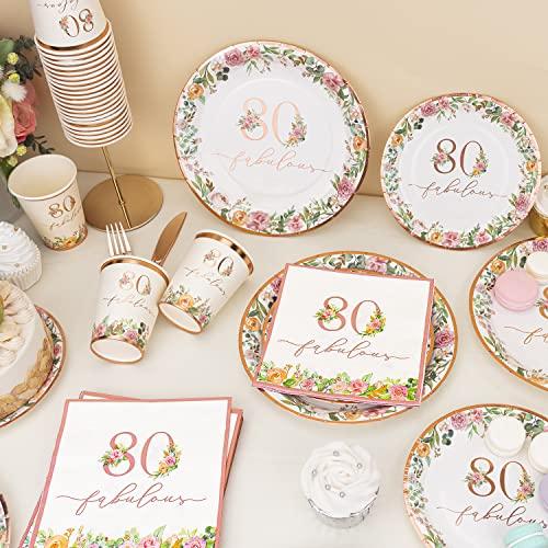 Crisky Crisky 80th Birthday Napkins and Plates for Women Rose Gold Floral Party Decoration, 80 and Fabulous Plates and Napkins for Women 80th Birthday.