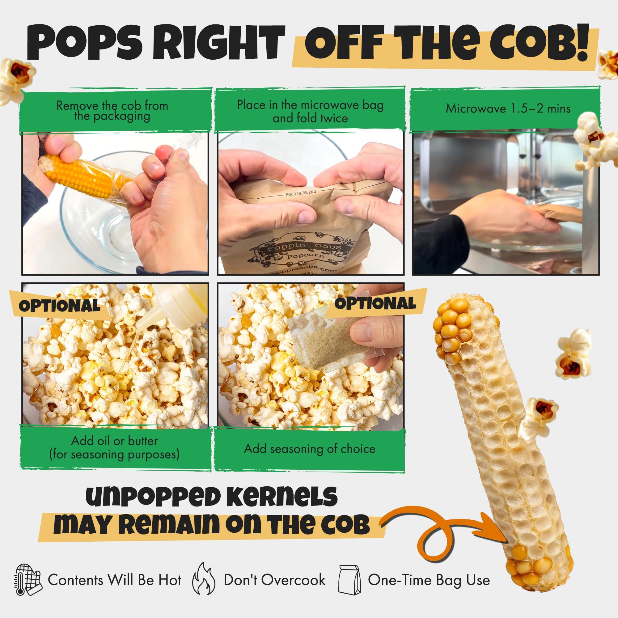 Poppin' Cobs Microwave Popcorn on the Cob - Pops off the Cob | Poppin\' Cobs Popcorn | Individually Wrapped Popcorn Cobs with 3 Bags For Popping | Single Ingredient | Gluten Free | Non-GMO | Single Harvest | Farm Fresh | Farmer Owned