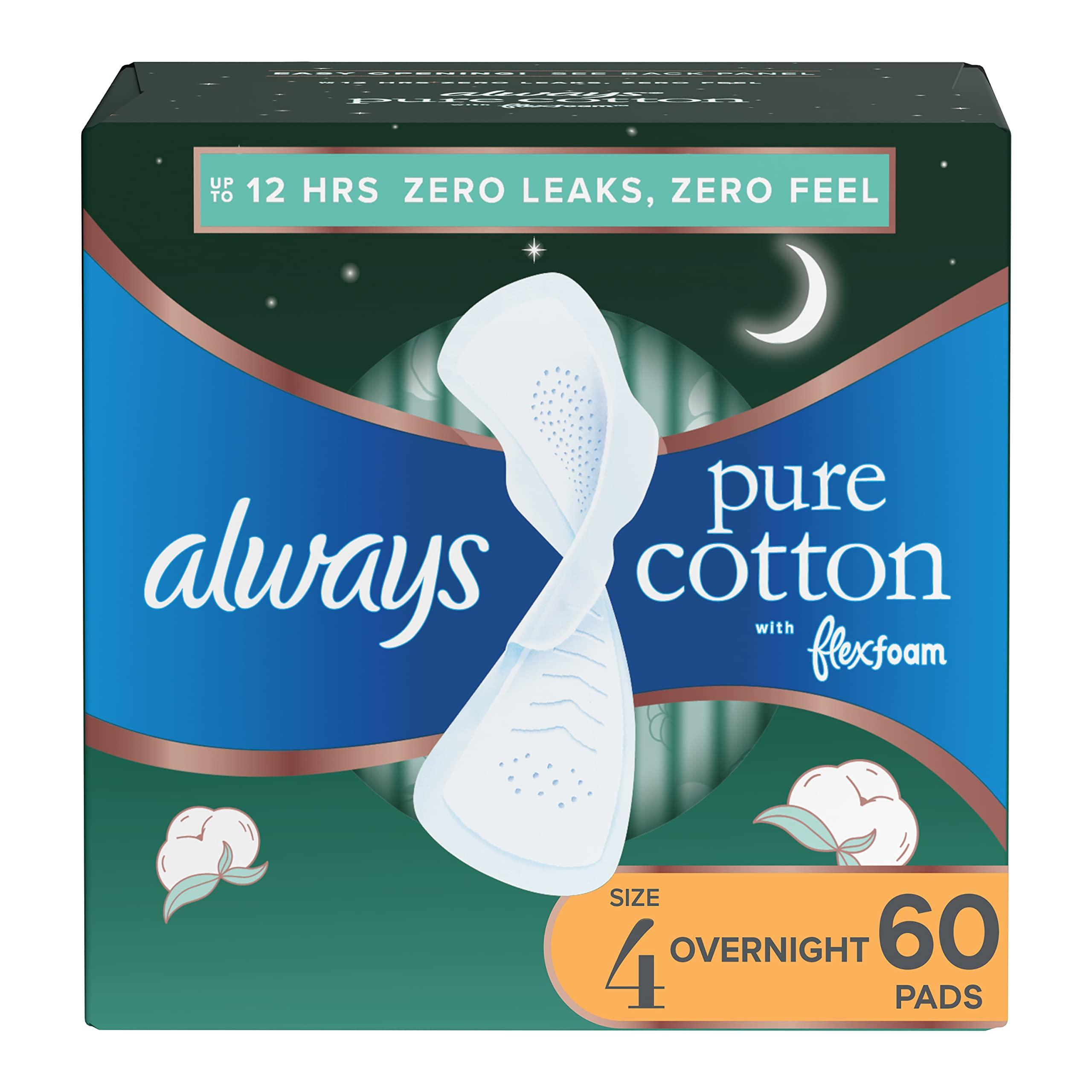 Always Always Pure Cotton, Feminine Pads for Women, Size 4 Overnight Absorbency, Multipack, with Flexfoam, with Wings, Unscented, 20 Count x 3 Packs (60 Count total)