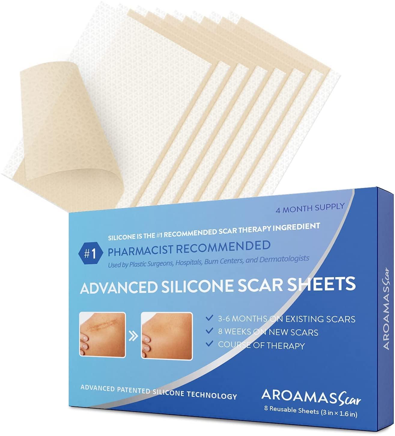 Aroamas Scar Aroamas Scar Silicone Scar Tape Softens & Flattens Scars from Surgery, Injury, Burns, C-Section, Scratch Marks  Reusable Medical-Grade Silicone Scar Sheets for All Skin Types [3\"x1.57\", 8 Sheets]