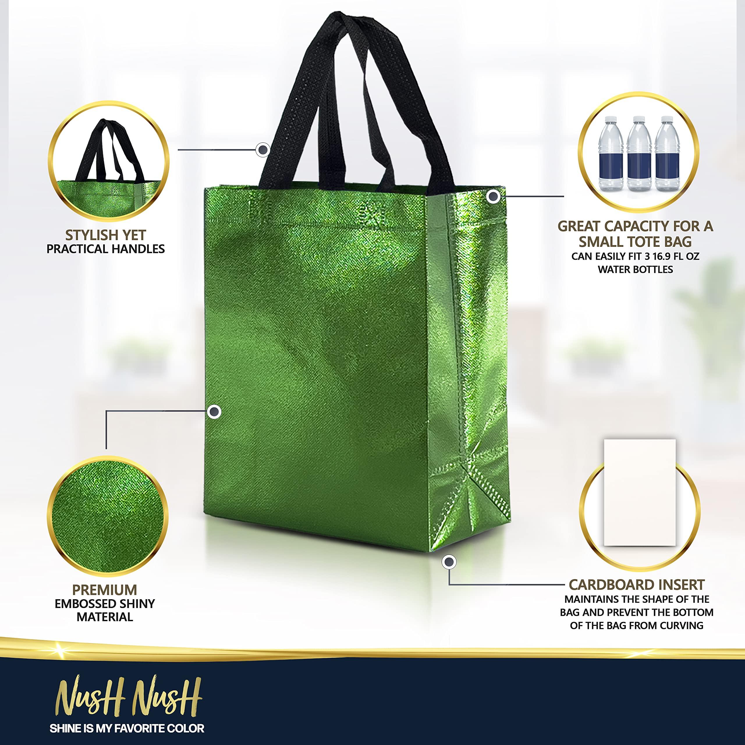 Nush Nush Nush Nush Green Gift Bags Medium Size Set of 12 & 60 Shiny Green Reusable Gift Bags With a Glossy Finish - Perfect As Goodie Bags With Handles, Christmas Gift Bags, Party Favor Bags 8Wx4Dx10H Size