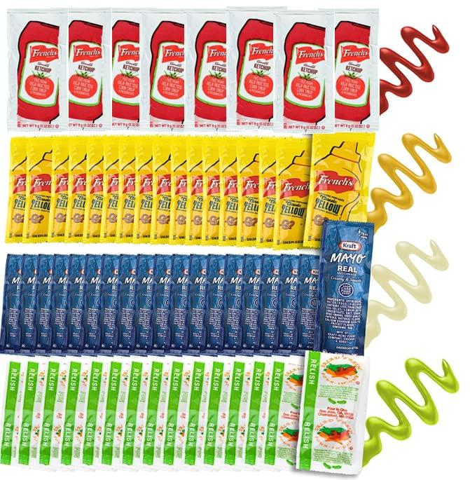 Savor Goods Grab-n-Go Condiment Packs - 50 Single Serve Pouches of Each: Ketchup, Mustard, Mayonnaise, and Relish - Great for, Boxed Lunch, BBQ, Travel, Picnic and Parties (200 Condiment Packets Total)