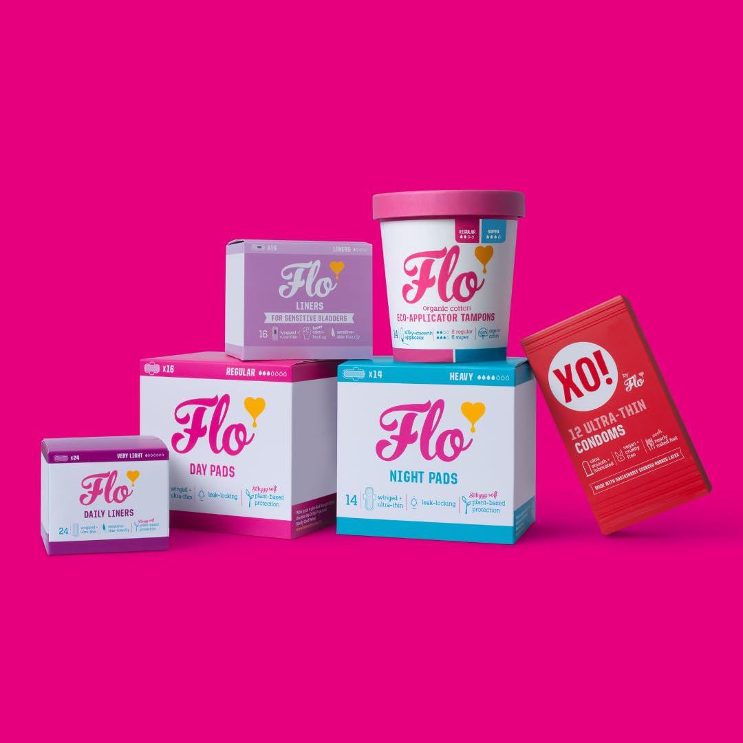 FLO FLO Organic Bamboo Period Pads for Women, Biodegradable, Winged, Feminine Care, Organic Menstrual Products, Plant-Based, Plastic-Free, Sanitary Napkins, Night Pads, Black-Owned, Compostable,14 Count