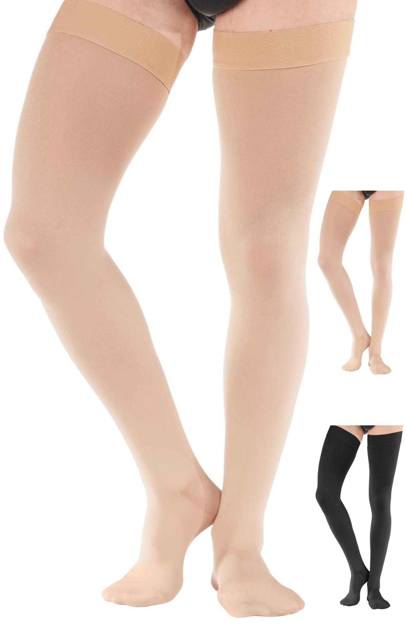 ABSOLUTE SUPPORT ABSOLUTE SUPPORT Plus Size Thigh Hi Compression Stockings for Men 20-30mmHg - Over Knee Opaque Mens Compression Socks with Wide Calf for Achilles Tendon, Embolism, DVT - Beige, 2X-Large
