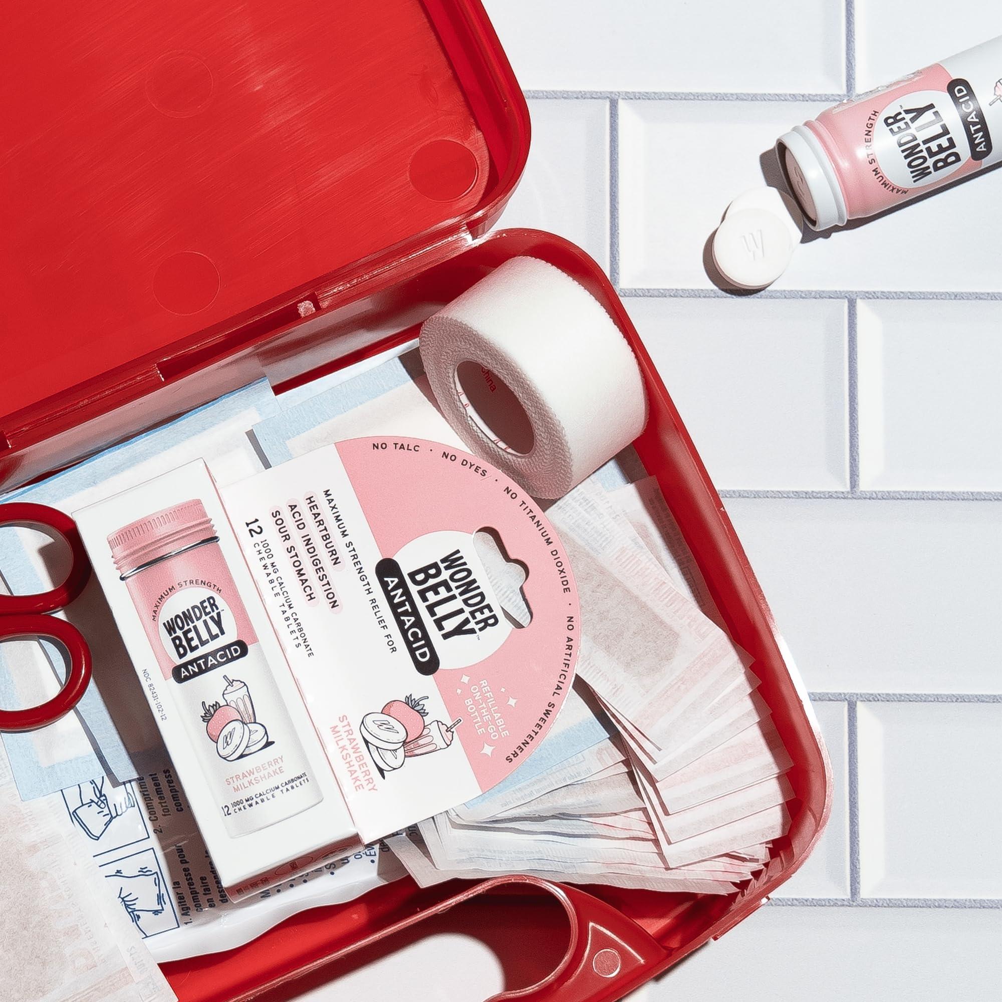 Wonderbelly Wonderbelly Antacid, Effective Heartburn & Instant Acid Indigestion Relief, Travel Size Extra Strength Chewable Tablets, 1000 mg Calcium Carbonate, Strawberry Milkshake, 12 Count (Pack of 2)