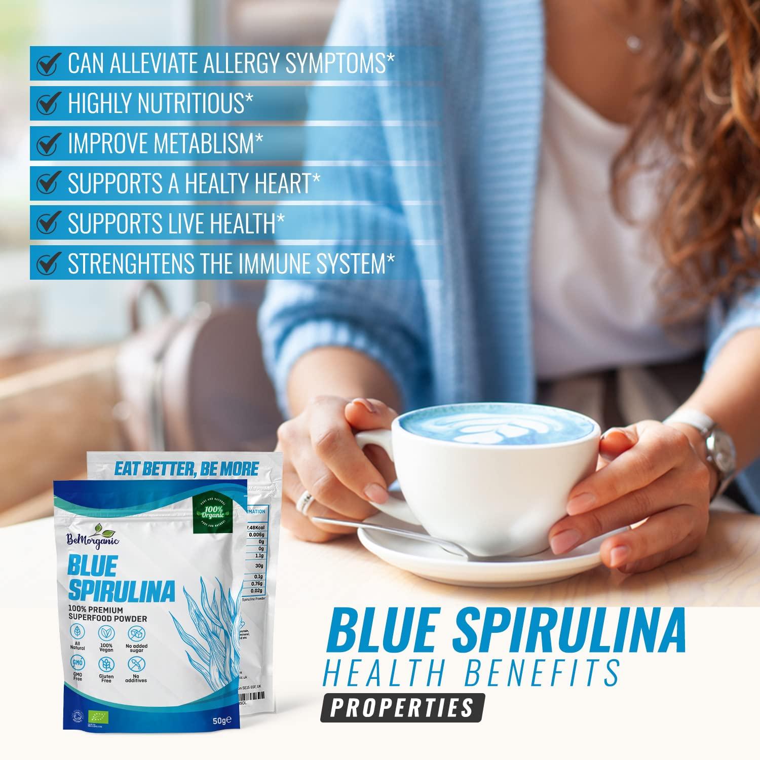 BeMorganic BeMorganic Organic Blue Spirulina Powder - 100% Organic Phycocyanin Spirulina Powder | 50g Vegan Non-Gluten Powder with No Added Sugar