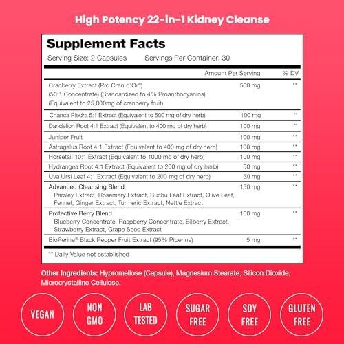 NutraChamps Kidney Cleanse Detox & Repair | 22-In-1 Kidney Health Supplement | Extra Strength 50:1 Cranberry Extract with Bioperine for Increased Absorption | Kidney & Urinary Tract Support & Flush Formula