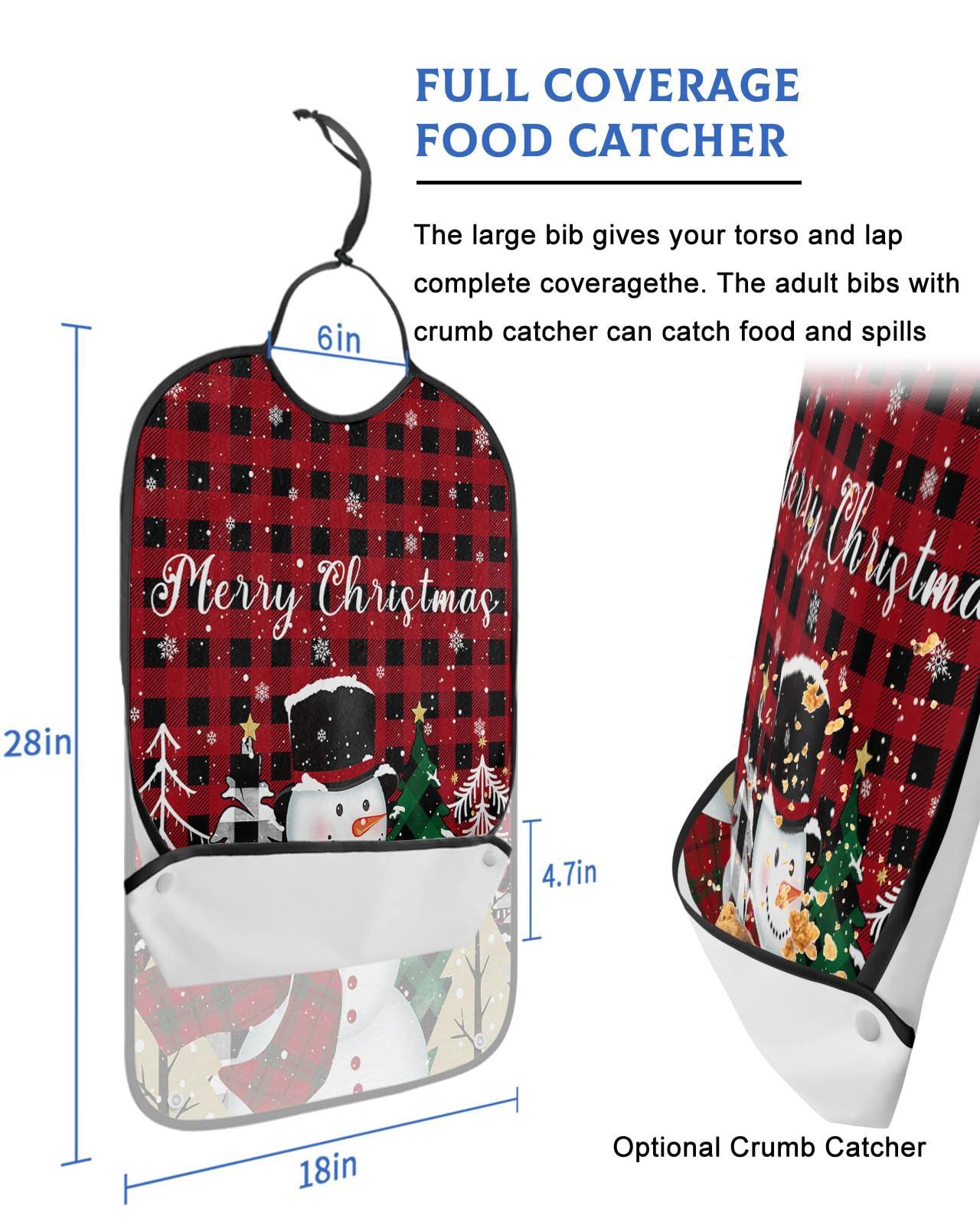 Kewadony Adult Bibs for Elderly Women - Christmas Waterproof Dining Clothing Protectors with Crumb Catcher for Eating/Feeding, Winter Snowflake Snowman Xmas Tree Red Black Plaid Terry Cloth Bib Washable