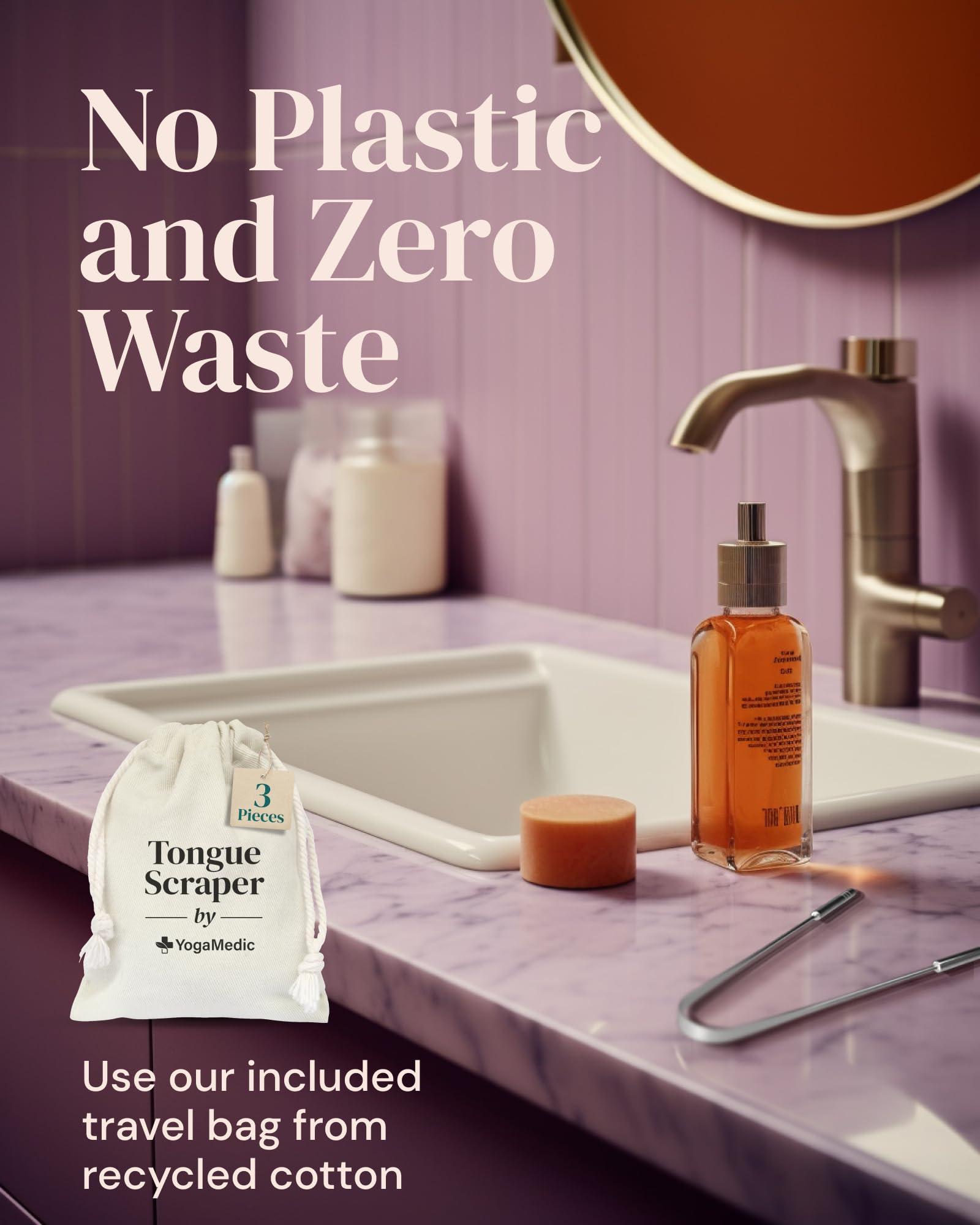 YOGAMEDIC Yoga Medic Tongue Scraper for Adults & Kids, 100% Stainless Steel (3 Pack)- Fight Bad Breath- Reusable Tongue Cleaner with Travel Case- Gentle Handle- Mouth Freshener- Get Rid of Coated Tonge- U Shape