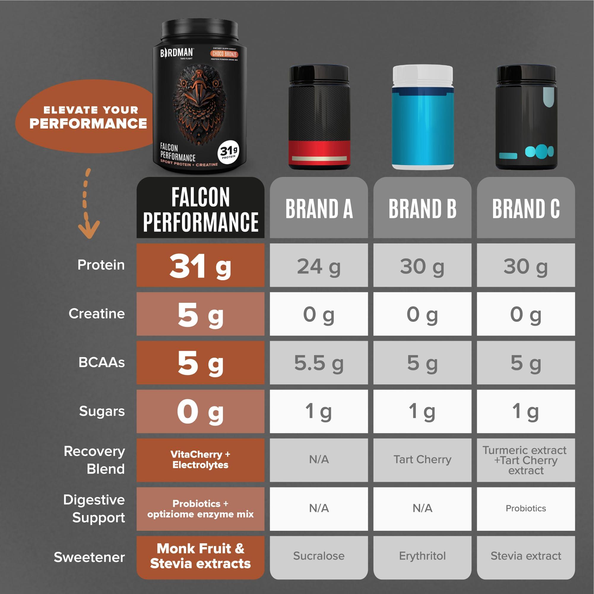 BIRDMAN Birdman Falcon Performance Vegan Protein Powder, 31g Protein, 5g Creatine, 5g BCAA, Probiotics, Electrolytes, Pre Workout, Low Carb, Sugar Free & Dairy Free, Plant Based Chocolate Protein -19 servings