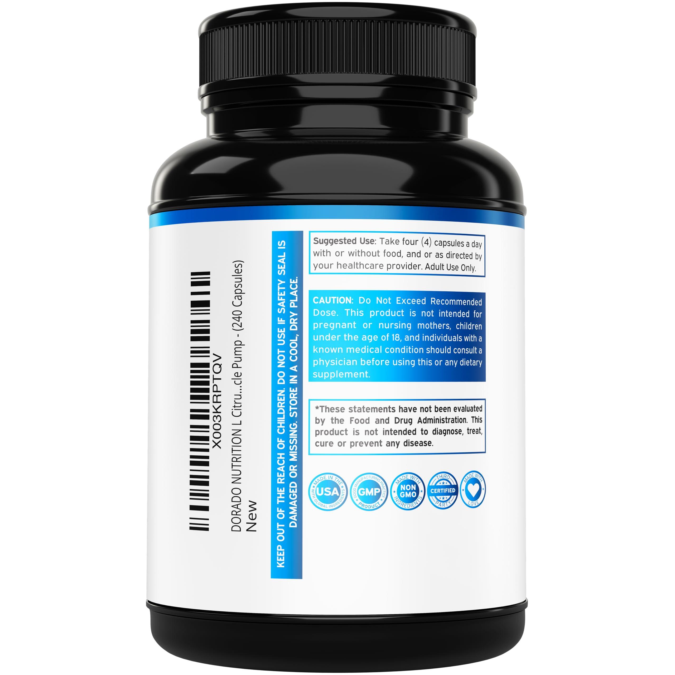 DORADO NUTRITION L Citrulline 3000mg Supplement (240 Capsules) Support L Arginine & Nitric Oxide Pills - Stamina, Endurance, Performance for Workouts - NO Supplements for Men - Gluten Free, Non-GMO, Vegan Capsules
