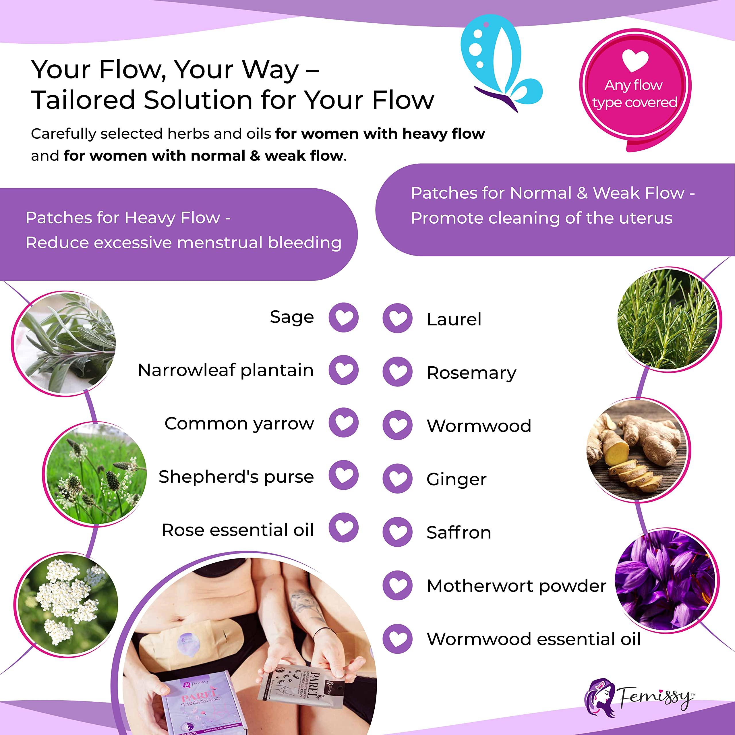 Femissy Heat Patches for Menstrual Cramps Based on Flow Strength, 1 Single Patch for Weak & Normal Flow + Natural Yoni Vulva Oil for Women PH Balance & Dryness (1 fl oz) Sensitive Skin Herbal Moisturizer