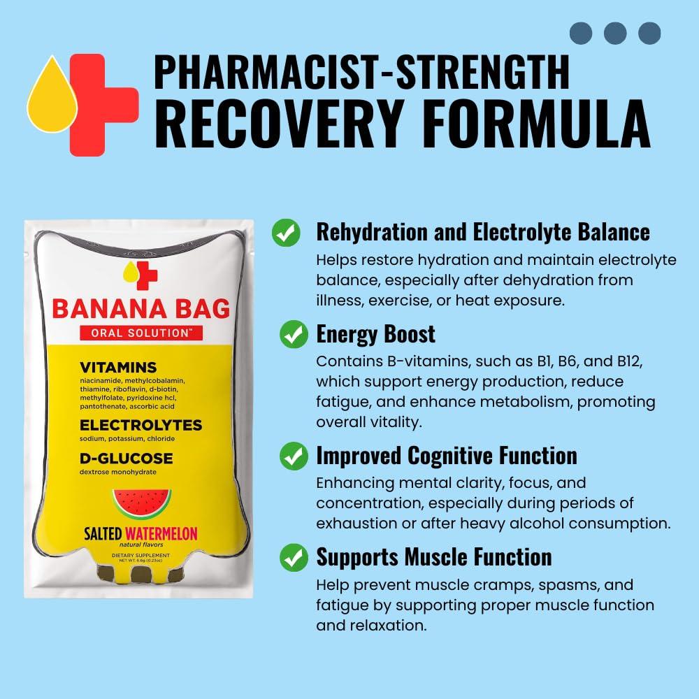 Banana Bag Oral Solution Banana Bag Oral Solution Packets Salted Watermelon 5pk | A Refreshing Blend of Electrolytes, Vitamin C, and B-Complex for Hydration and Energy. Convenient, Easy-to-Mix, and Perfect for Daily Use.