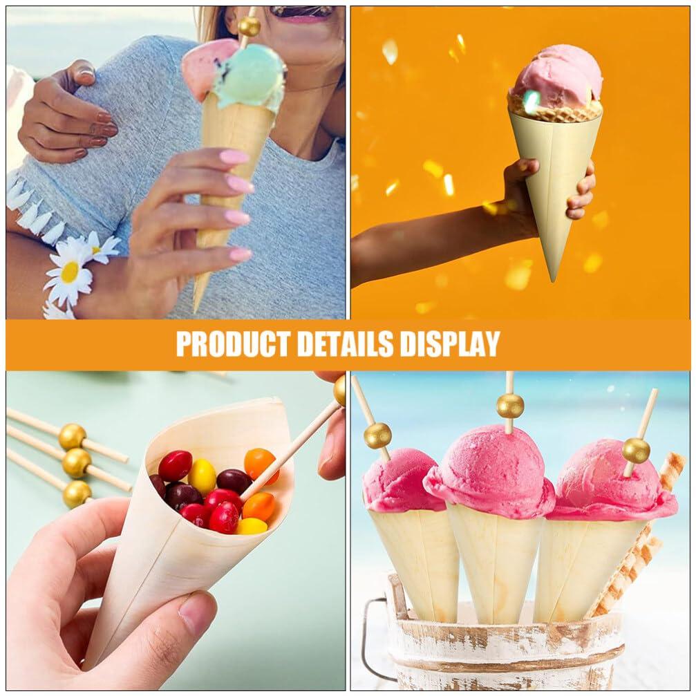 JECOMPRIS 100pcs Ice Cream Veneer Roll Chip Cones Food Cones Food Holder Wood Tasting Cones Wooden Ice Cream Cones Wooden Food Cone Popcorn Cones Wood Ice Cream Holder Wooden Dessert Cones