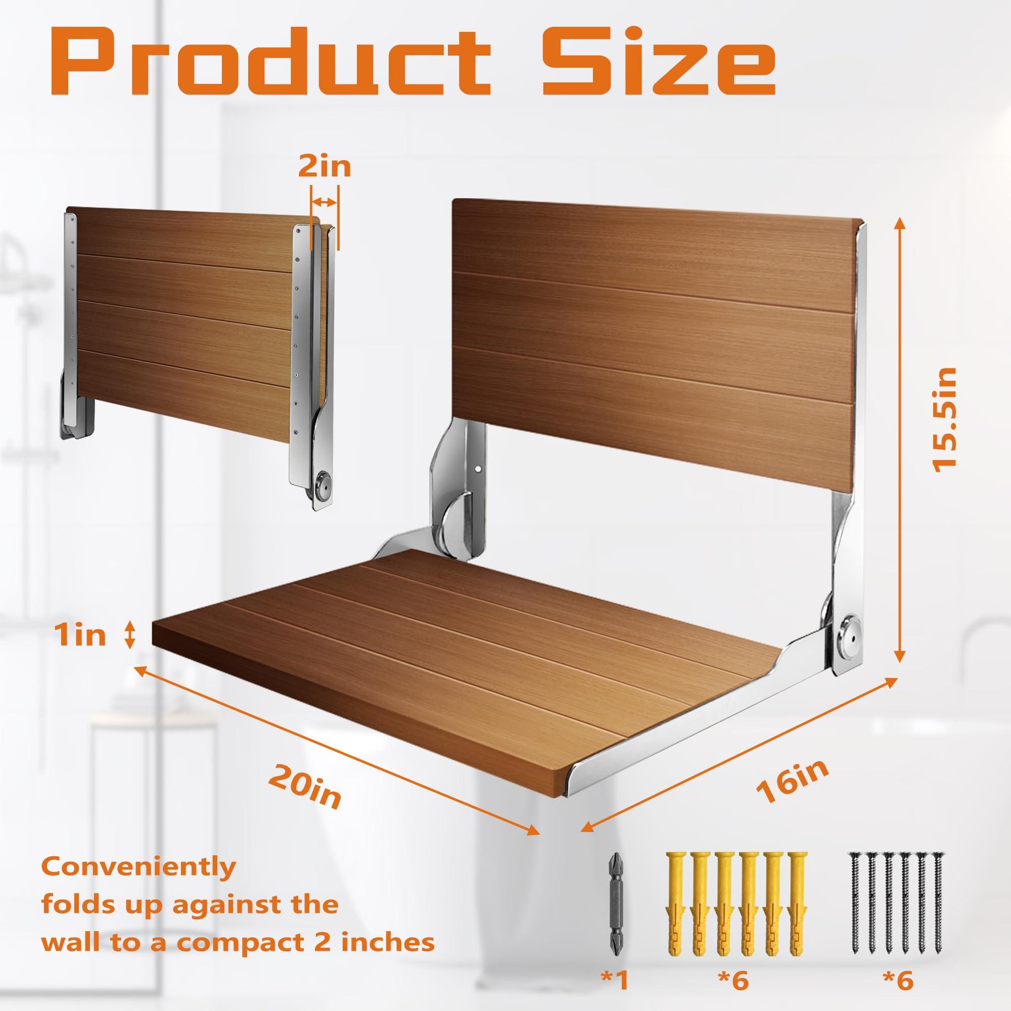koretech Teak Shower Bench 20'', Folding Shower Chair Wall Mounted, Wood Folding Shower Seat, Teak Shower Bench for Inside Shower, 500 lbs Capacity, Silver