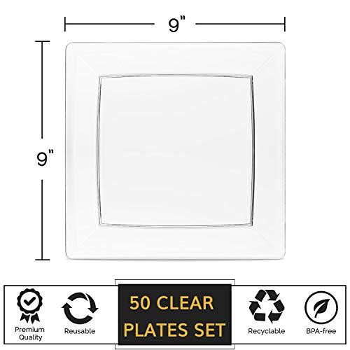 Oasis Creations Oasis Creations Clear Square Plates Set 9" - 50 Count - Premium Hard Clear Plastic - Disposable and Reusable - Dinner Plates - Salad Plates - Party Plate Set - Weddings, Parties, Events & More!