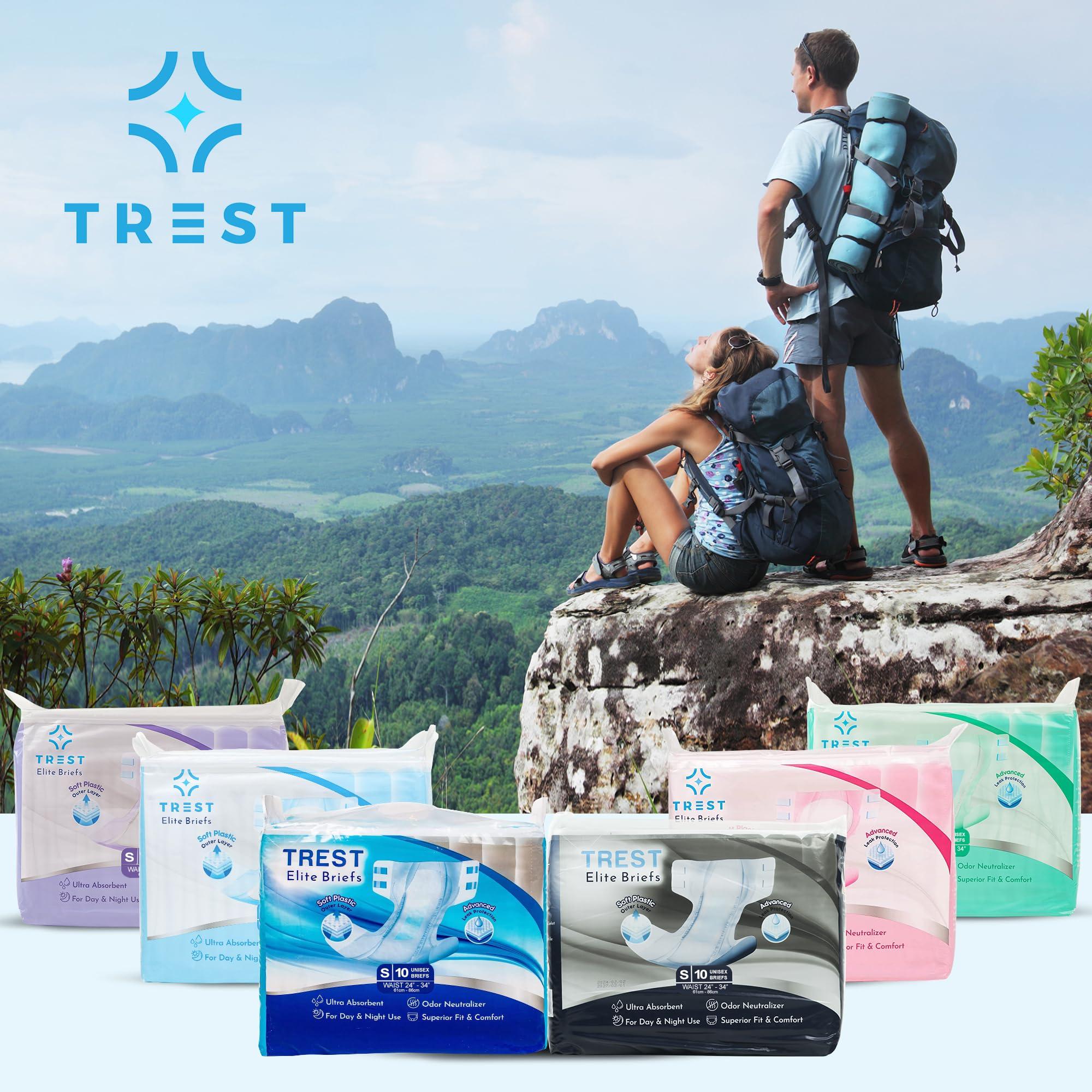 Trest Trest Elite Briefs for Men and Women, Overnight Diapers for Incontinence, Elite Absorbency, Comfortable, Odor Neutralizing and Secure Fit with 2 Wide Tabs - Black, Small (Pack of 10)