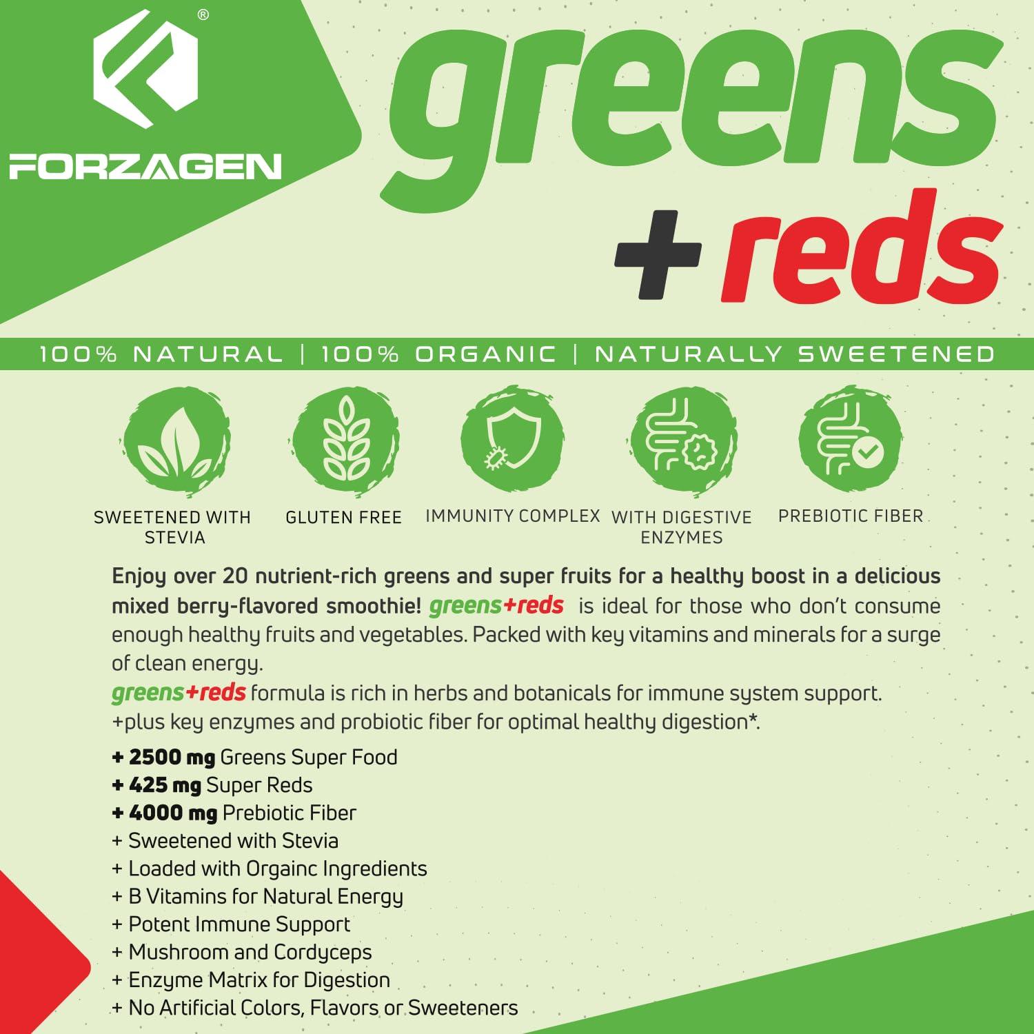 Forzagen FORZAGEN Vegan Greens & Reds Superfood Powder - Organic Super Greens Powder | Premium Veggie Powder Supplement | 35 Servings Reds and Greens Superfood Powder